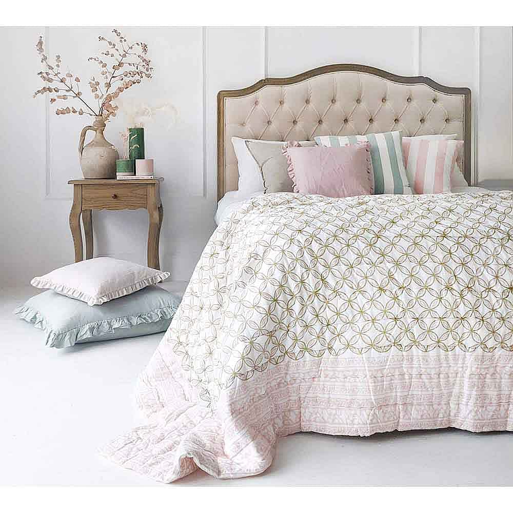 Abundance Cotton Quilted Bedspread  Pink and Green Block Printed Cotton  Bedspread