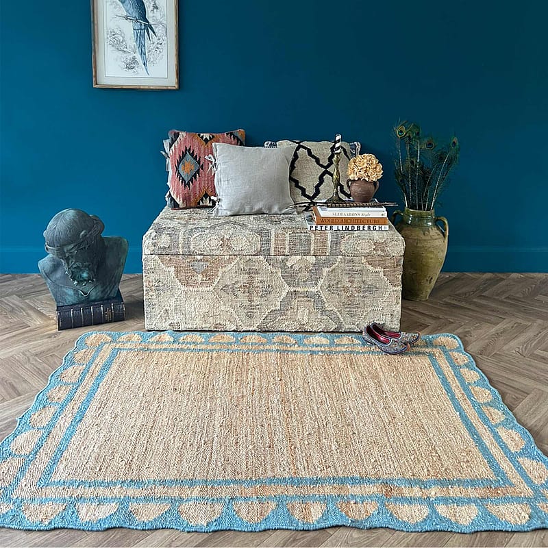 Ananya Blue Scallop Rug | Handloomed Rug with Blue Scallop Detail
