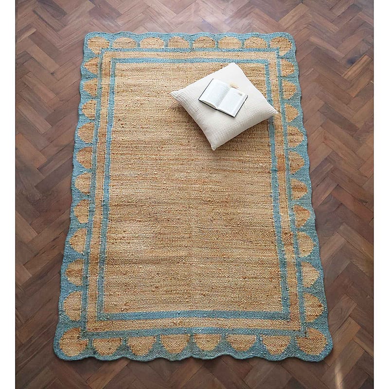 Ananya Blue Scallop Rug | Handloomed Rug with Blue Scallop Detail
