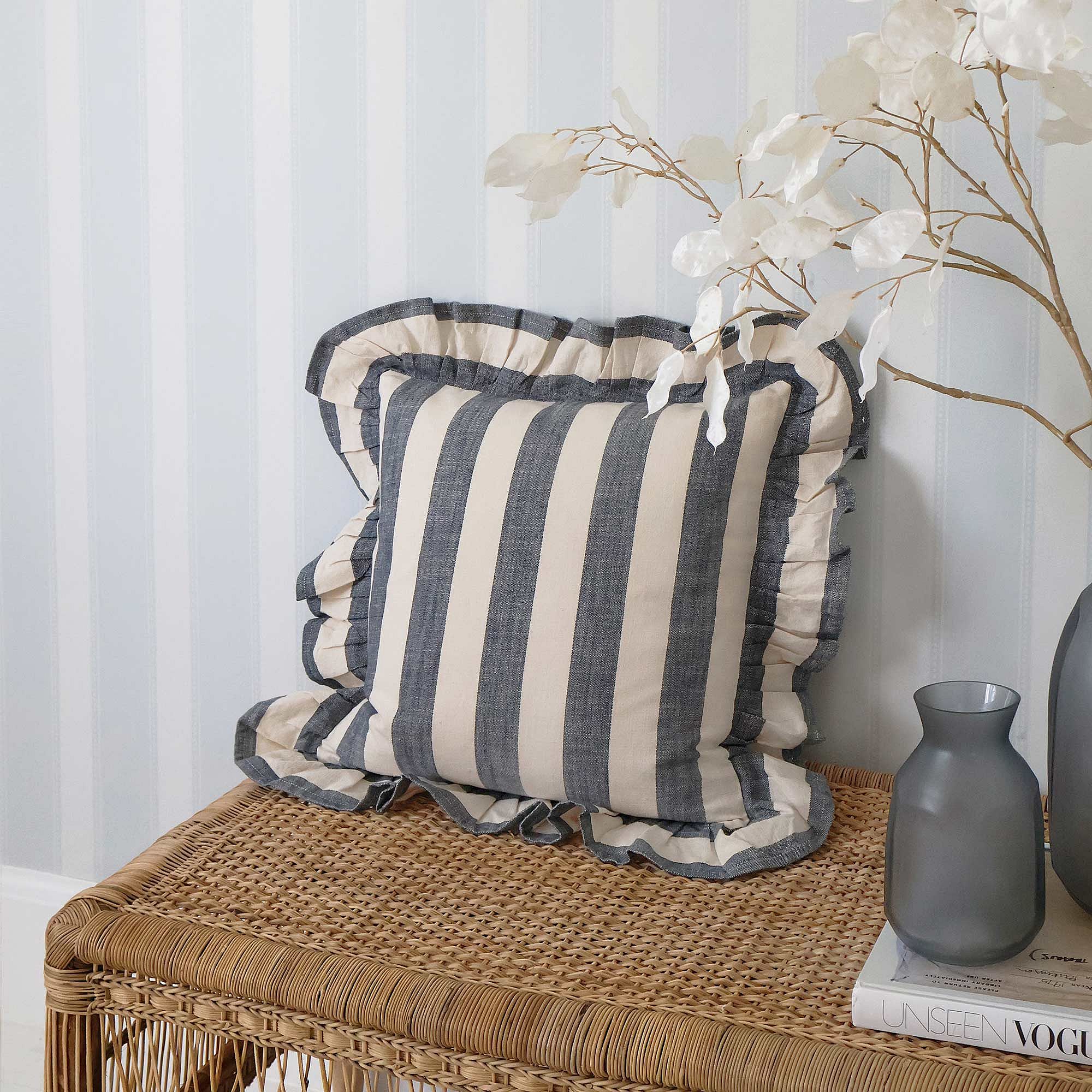 Miranda Blue Stripe Ruffle Cushion | 100% Cotton Blue and White Striped ...