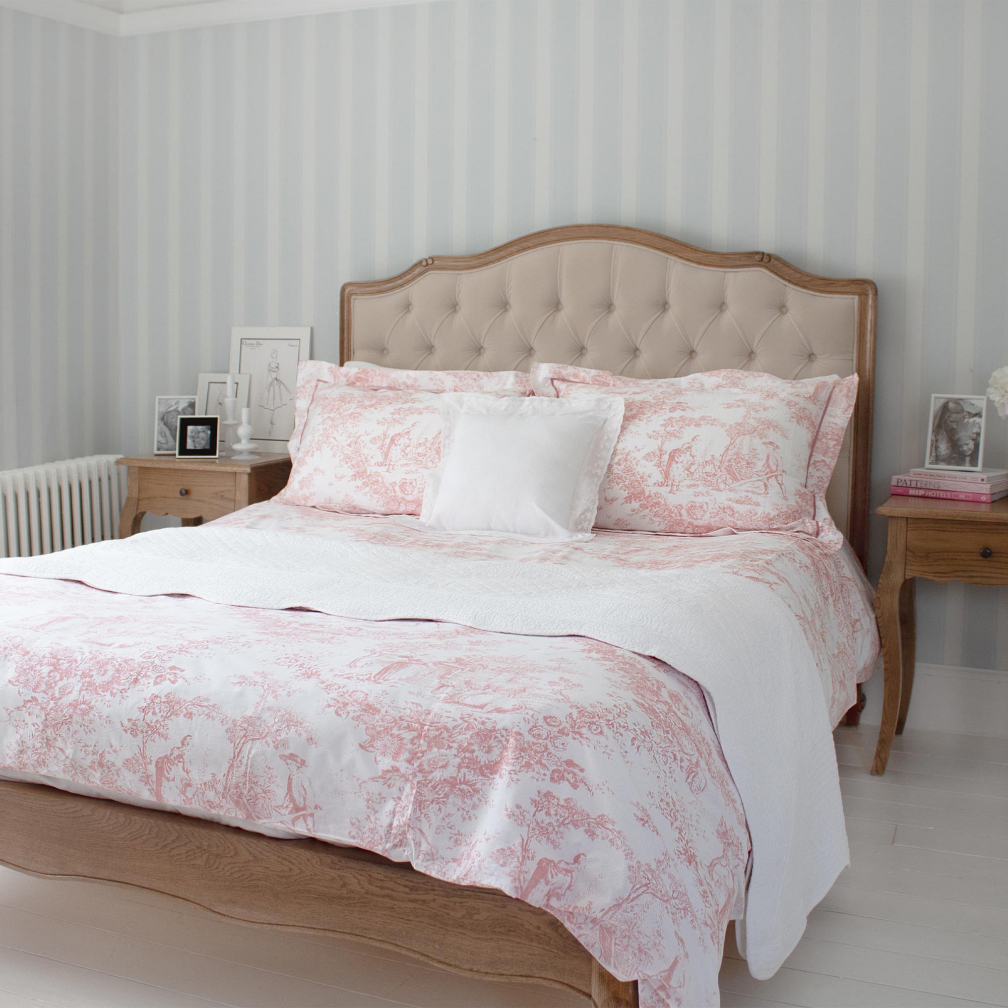 Country Toile Pink Bed Linen Pale Pink and White Toile Print Bed Linen