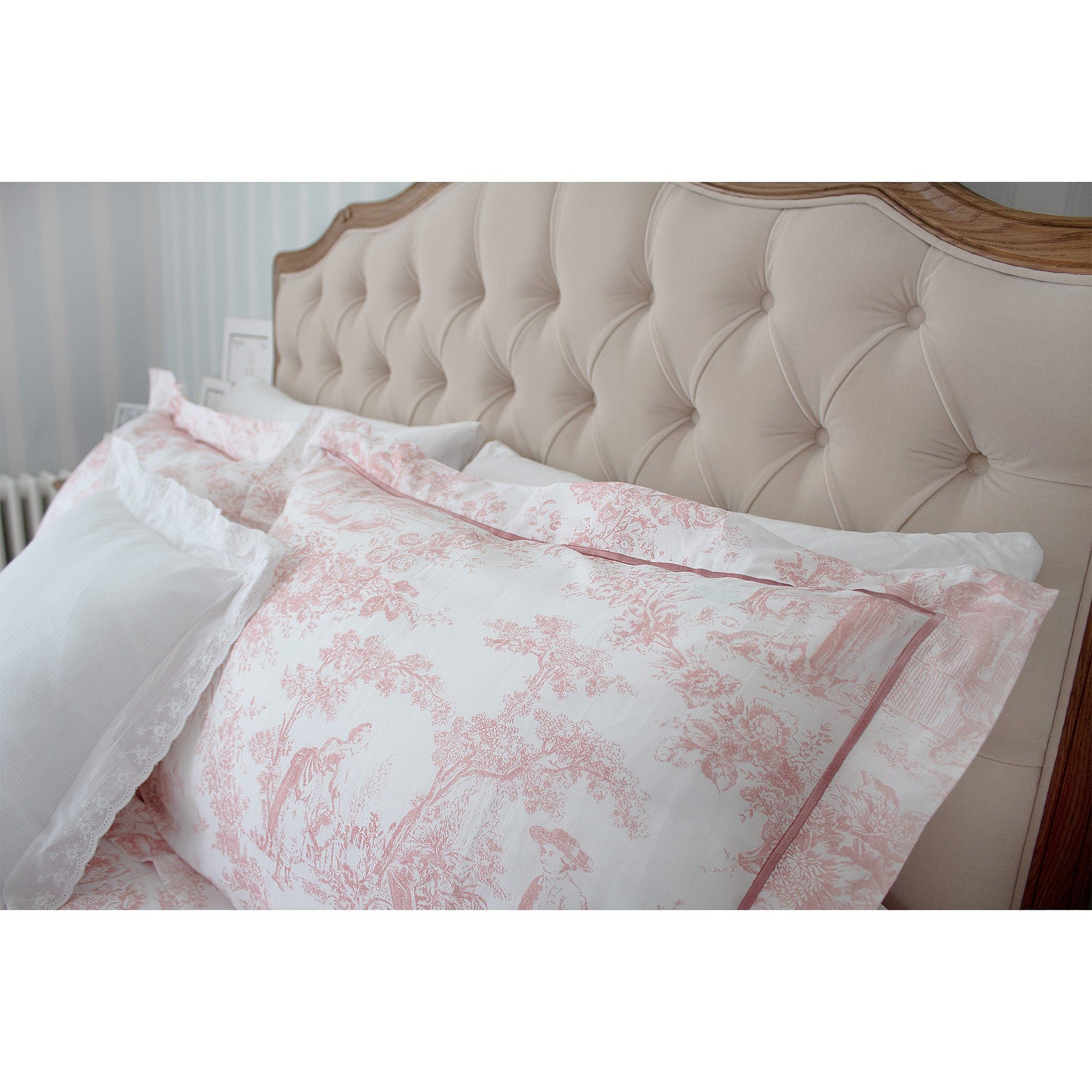 Country Toile Pink Bed Linen Pale Pink and White Toile Print Bed Linen