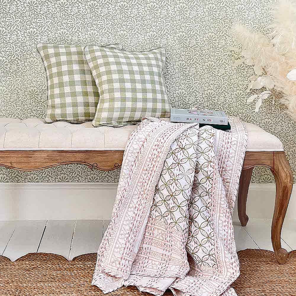 Delilah Green Gingham Cushion Green Check Medium Size Bedroom Cushion