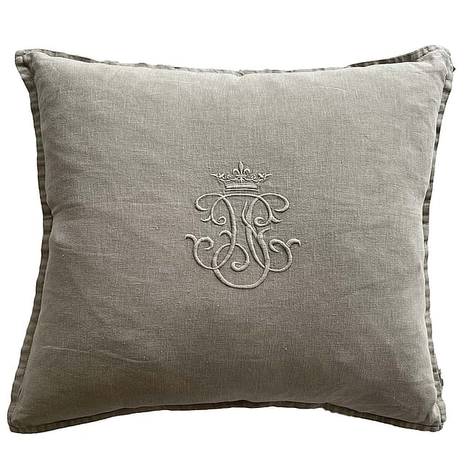 Embroidered Crown Cushion in Taupe Linen