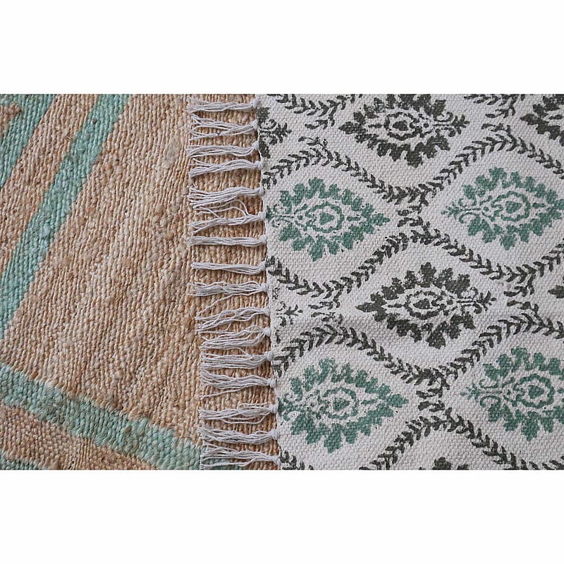 Green Trellis Block Printed Rug | Green Cotton Block Printed Rug