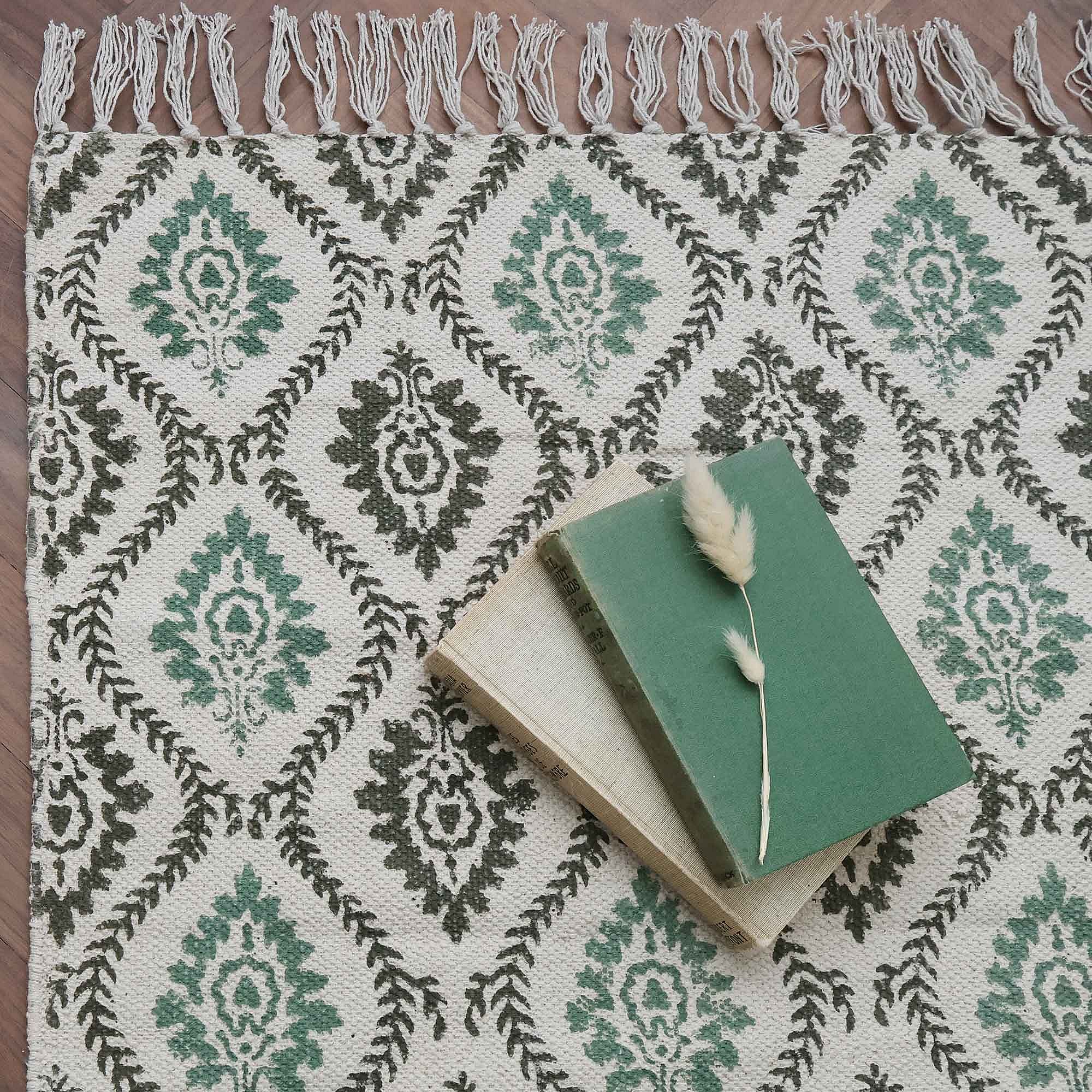 Green Trellis Block Printed Rug | Green Cotton Block Printed Rug