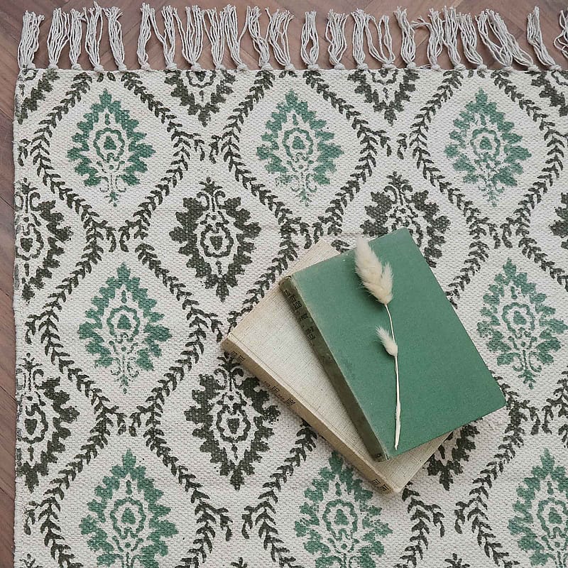 Green Trellis Block Printed Rug | Green Cotton Block Printed Rug