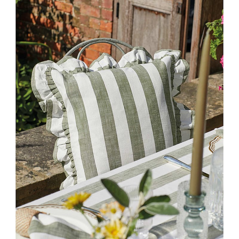 Miranda Green Stripe Ruffle Cushion | 100% Cotton Green and White ...