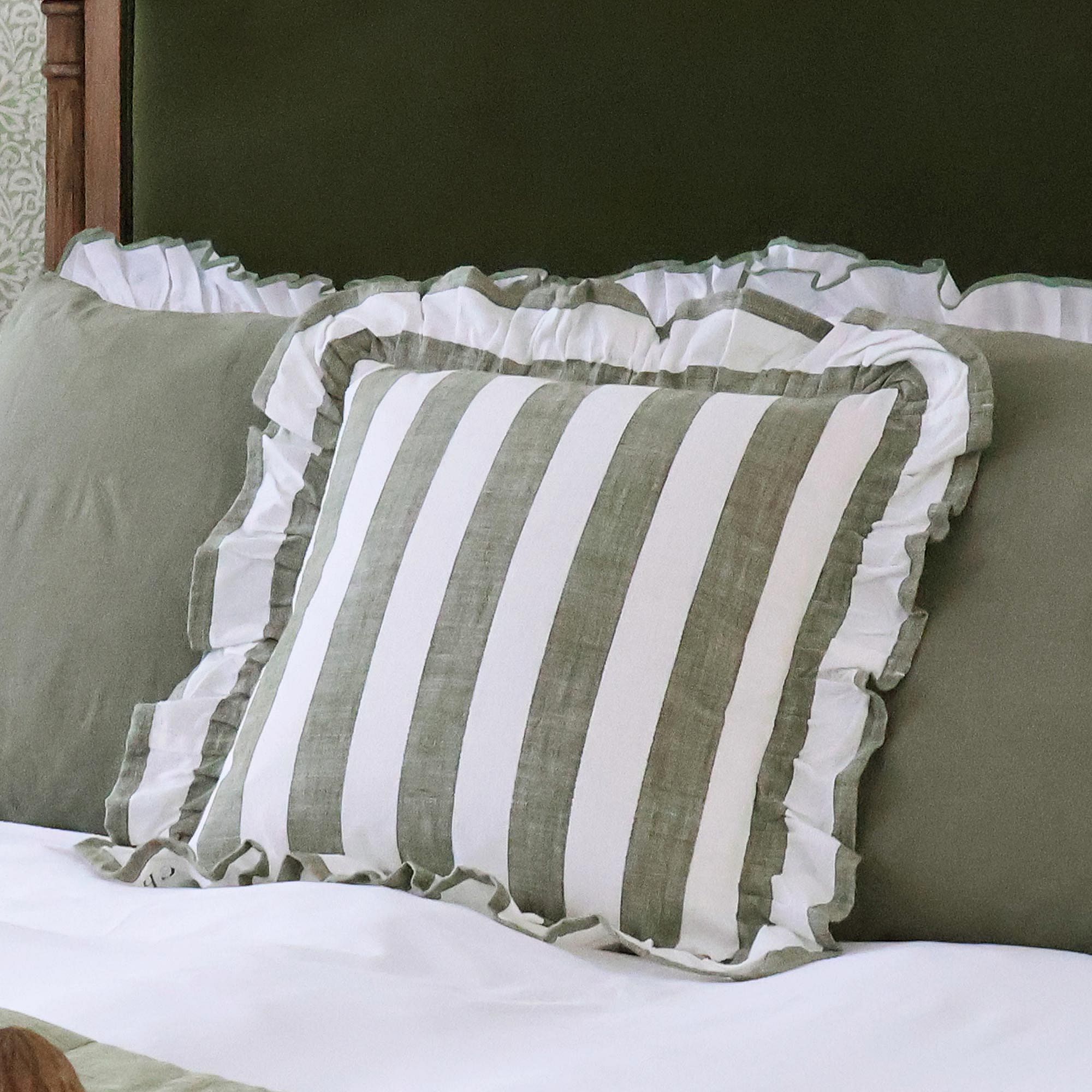 Miranda Green Stripe Ruffle Cushion | 100% Cotton Green and White ...