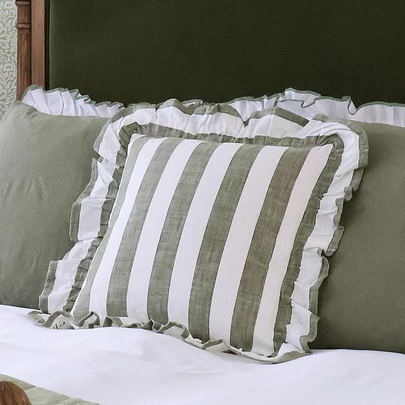 Miranda Green Stripe Ruffle Cushion | 100% Cotton Green and White ...