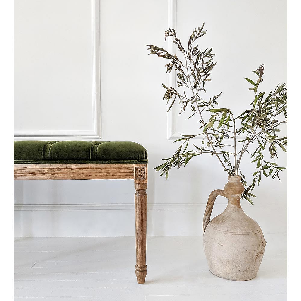 Love Story Green Velvet Bench | Hand-Carved Oak Frame Bench Upholstered ...