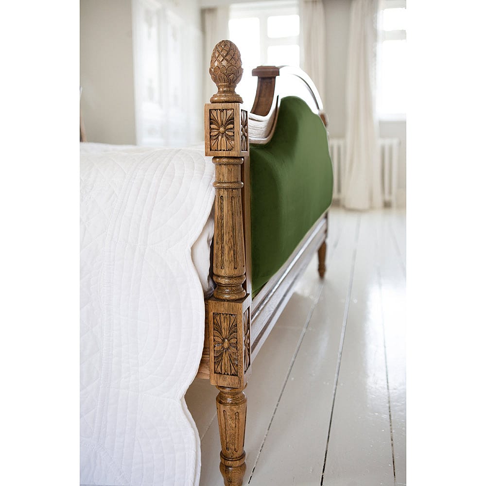 Love Story Olive Velvet Finial Bed HandCarved Oak Frame Bed