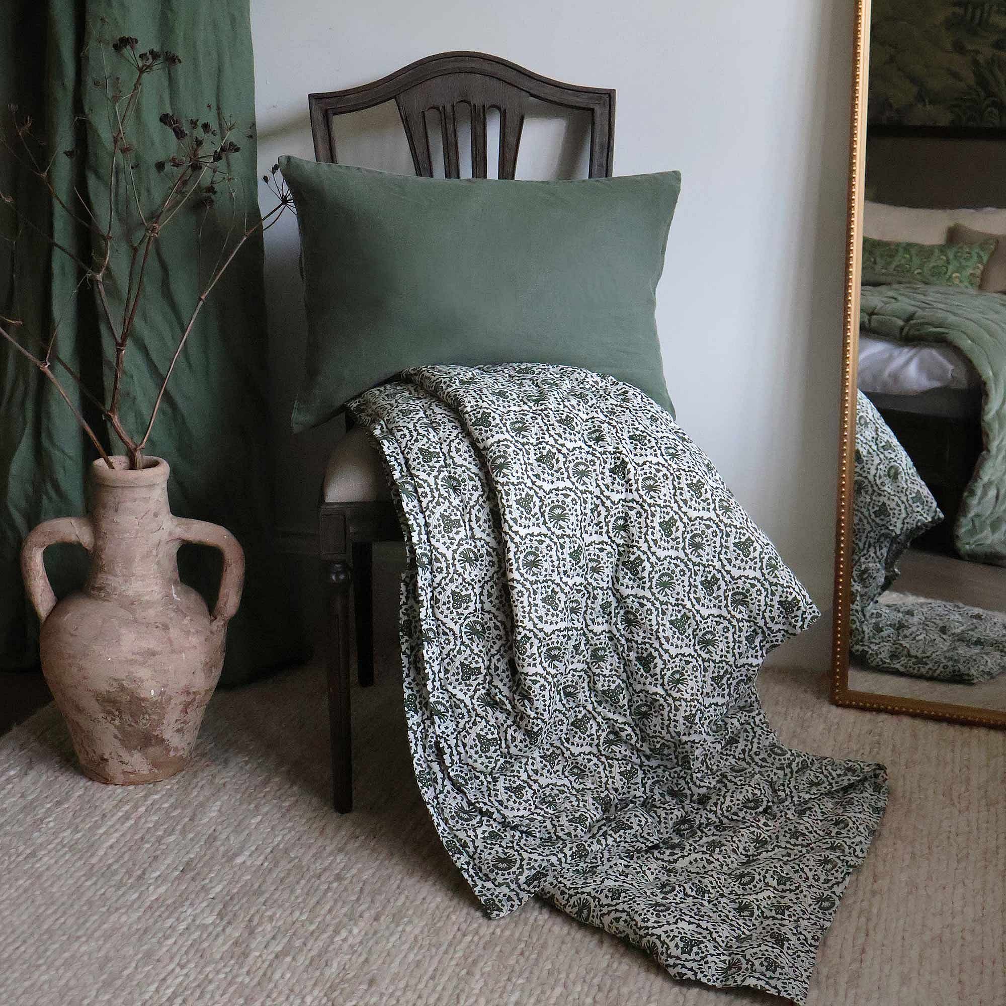 Sofia Emerald Bedspread Handblock Quilt with Flat Edge Detail in Dark