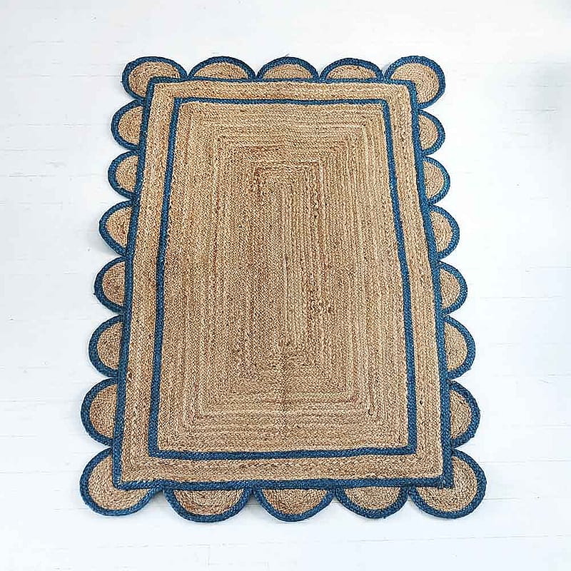 Sundar Scallop Blue Jute Rug | Blue Wave Edge Jute Rug Floor Mat