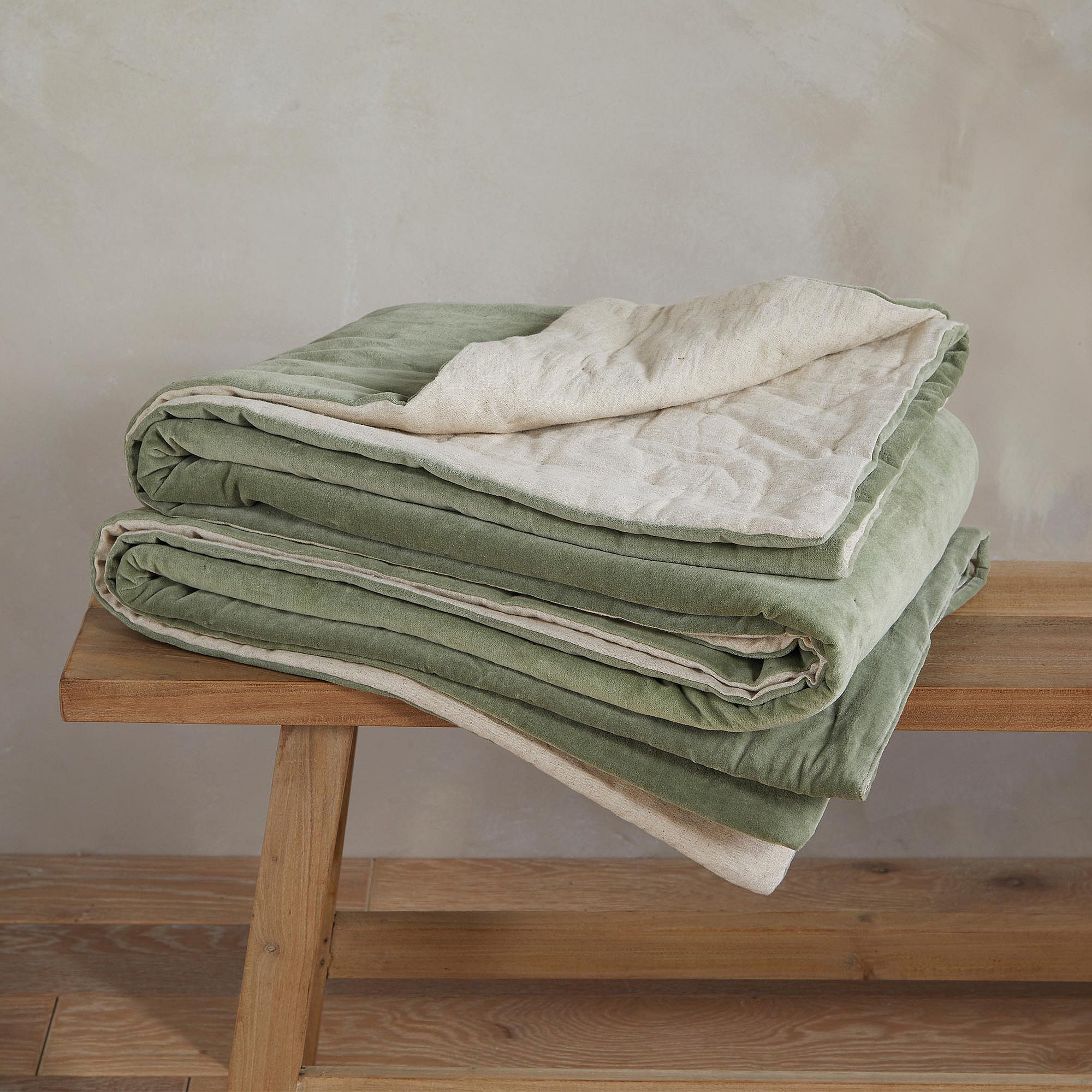 The Luxuriator Bedspread in Sage Green Velvet | A Quilted Sage Green Luxurious Velvet Bed Throw ...