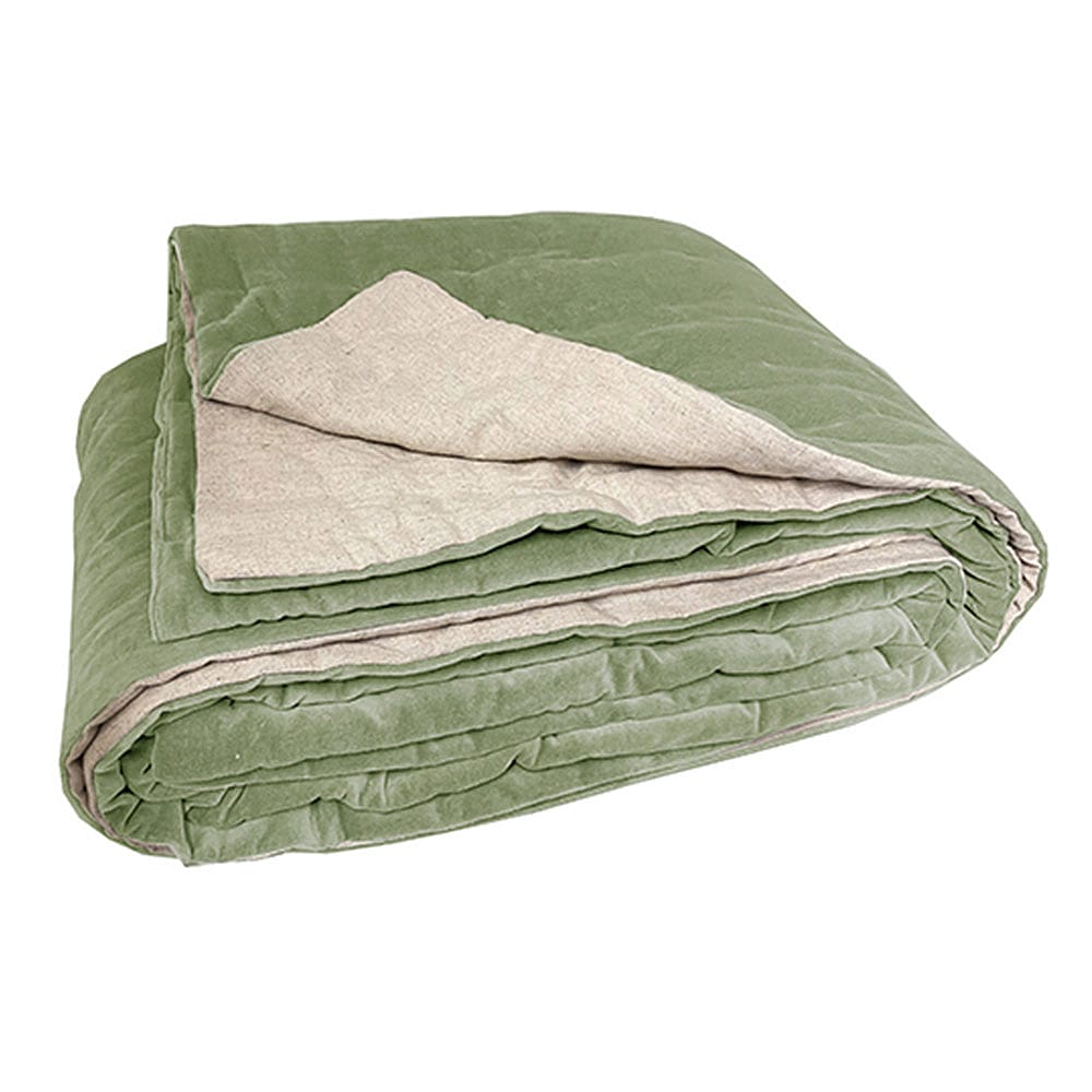 The Luxuriator Bedspread in Sage Green Velvet | A Quilted Sage Green Luxurious Velvet Bed Throw ...