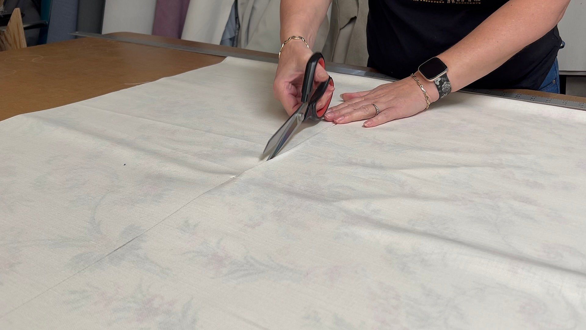 French Bedroom Founder, Georgia, preparing fabric for upholstering
