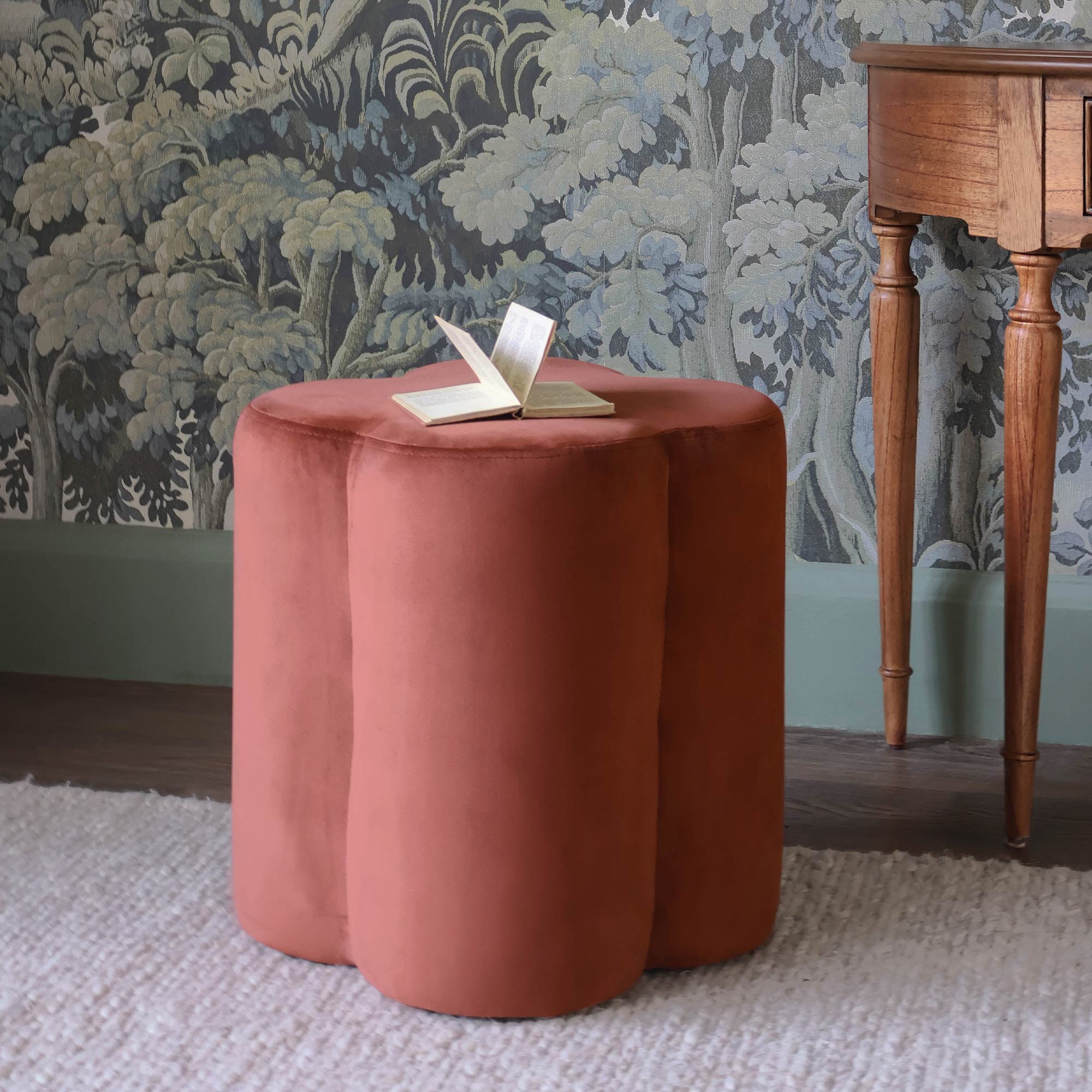 Deep Burnt Red Velvet Clover Pouffe 