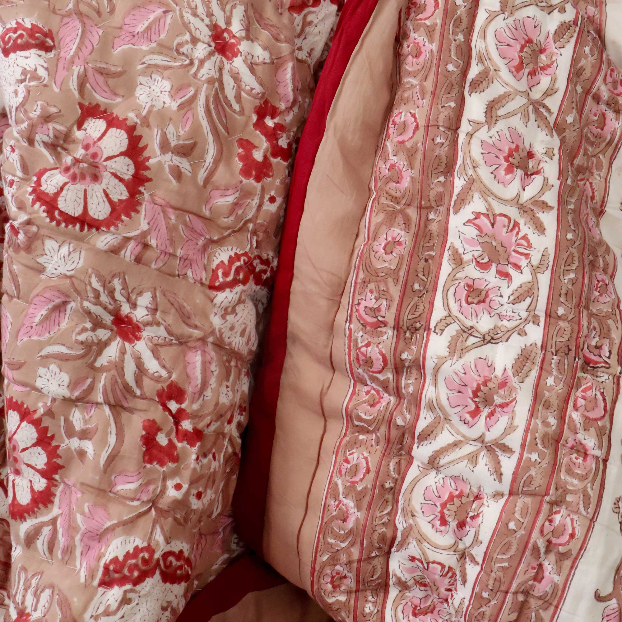 Reversible Pink and Red Handblock Print Bedspread with Berry Red Oxford Border Detail