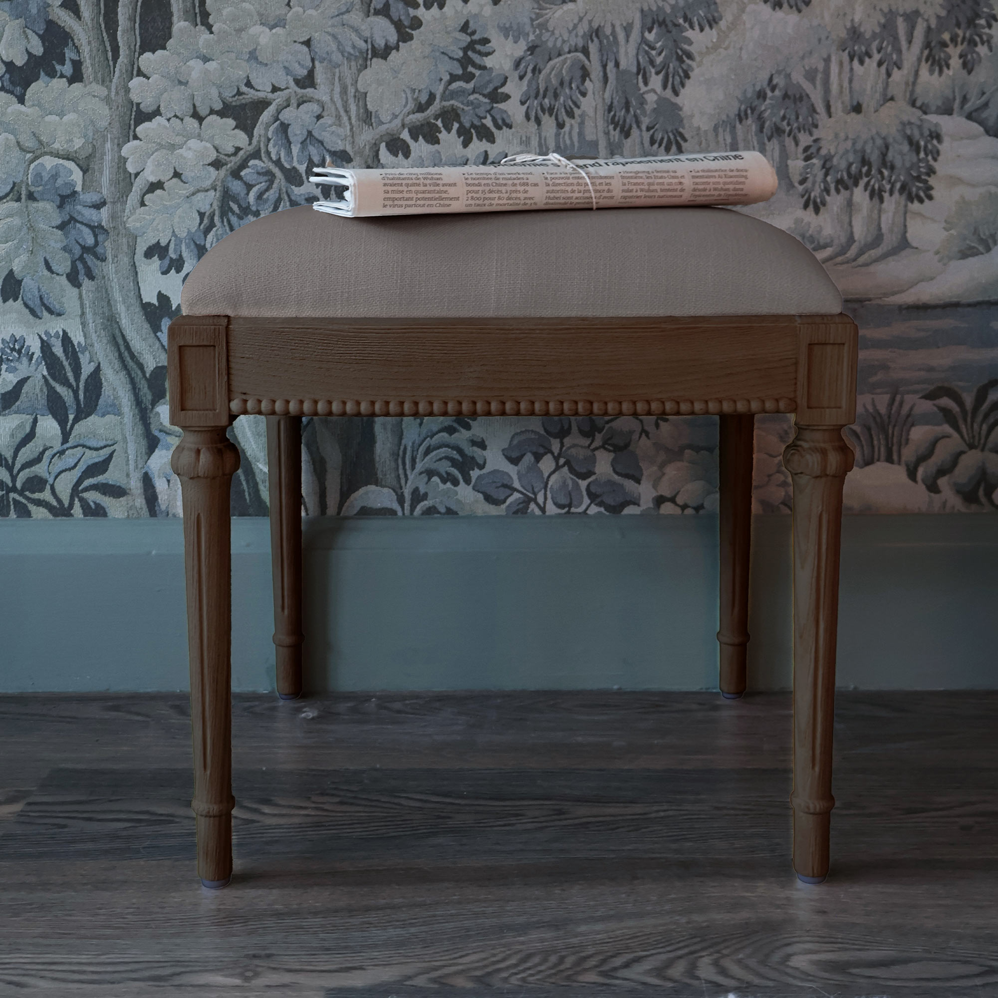 dark brown oak stool with grey cushion 