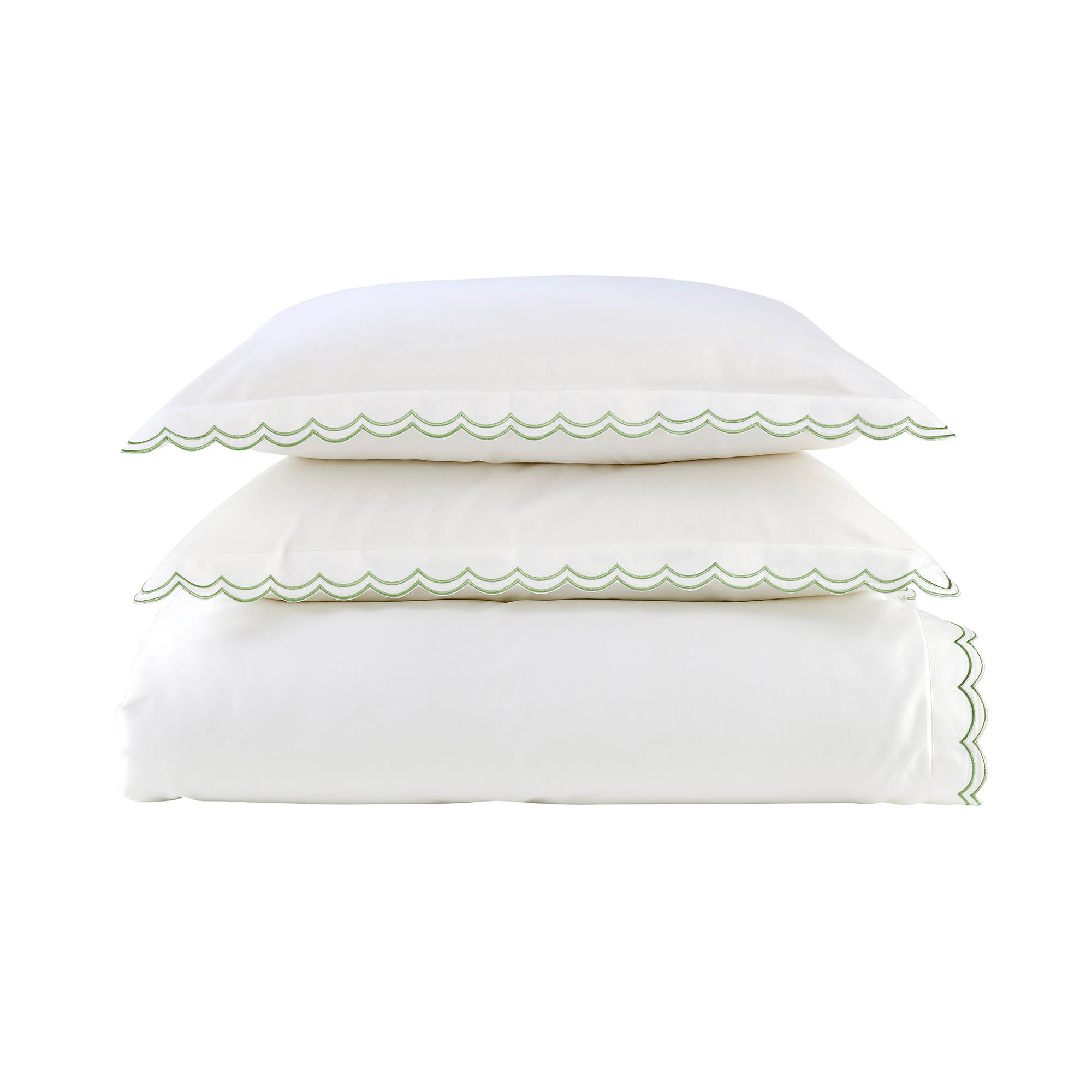 Soft White Scalloped Bed Linen with Deep Green Edging Detail