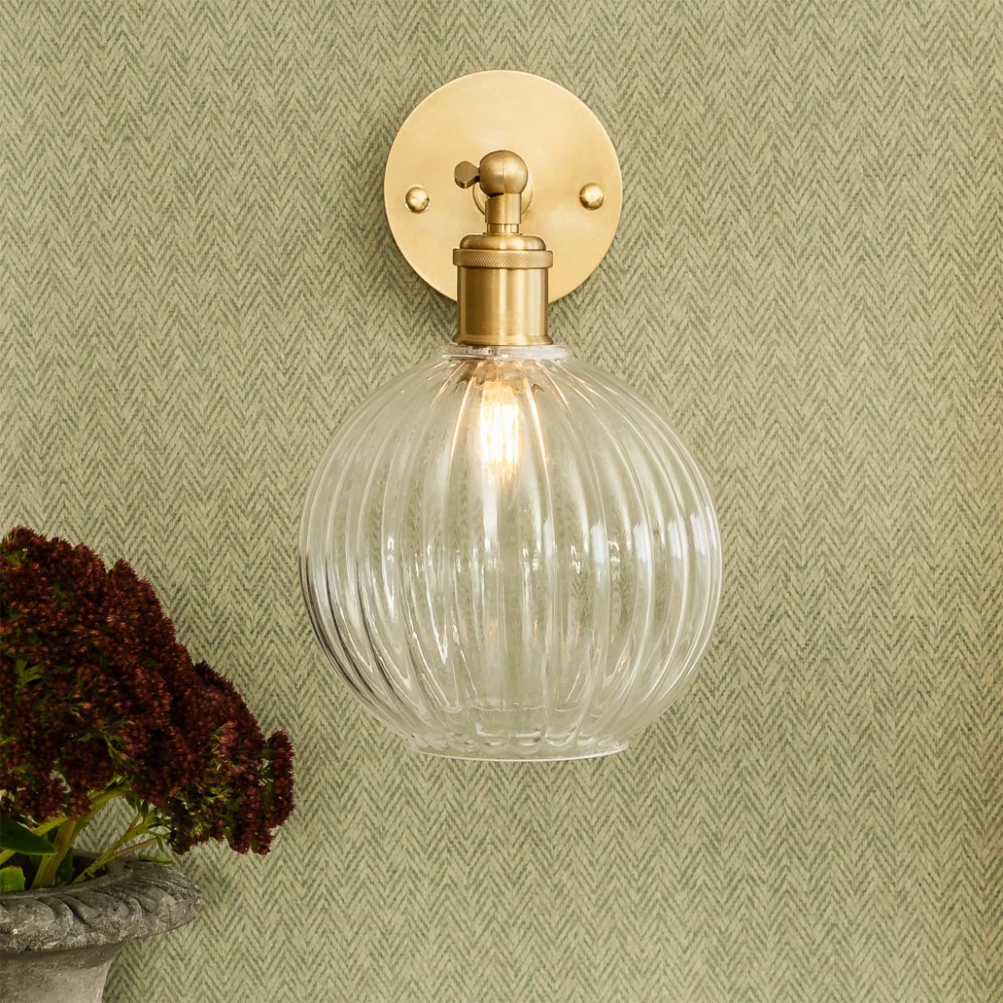 Fluted Glass Globe Wall Light with Adjustable Brass Arm