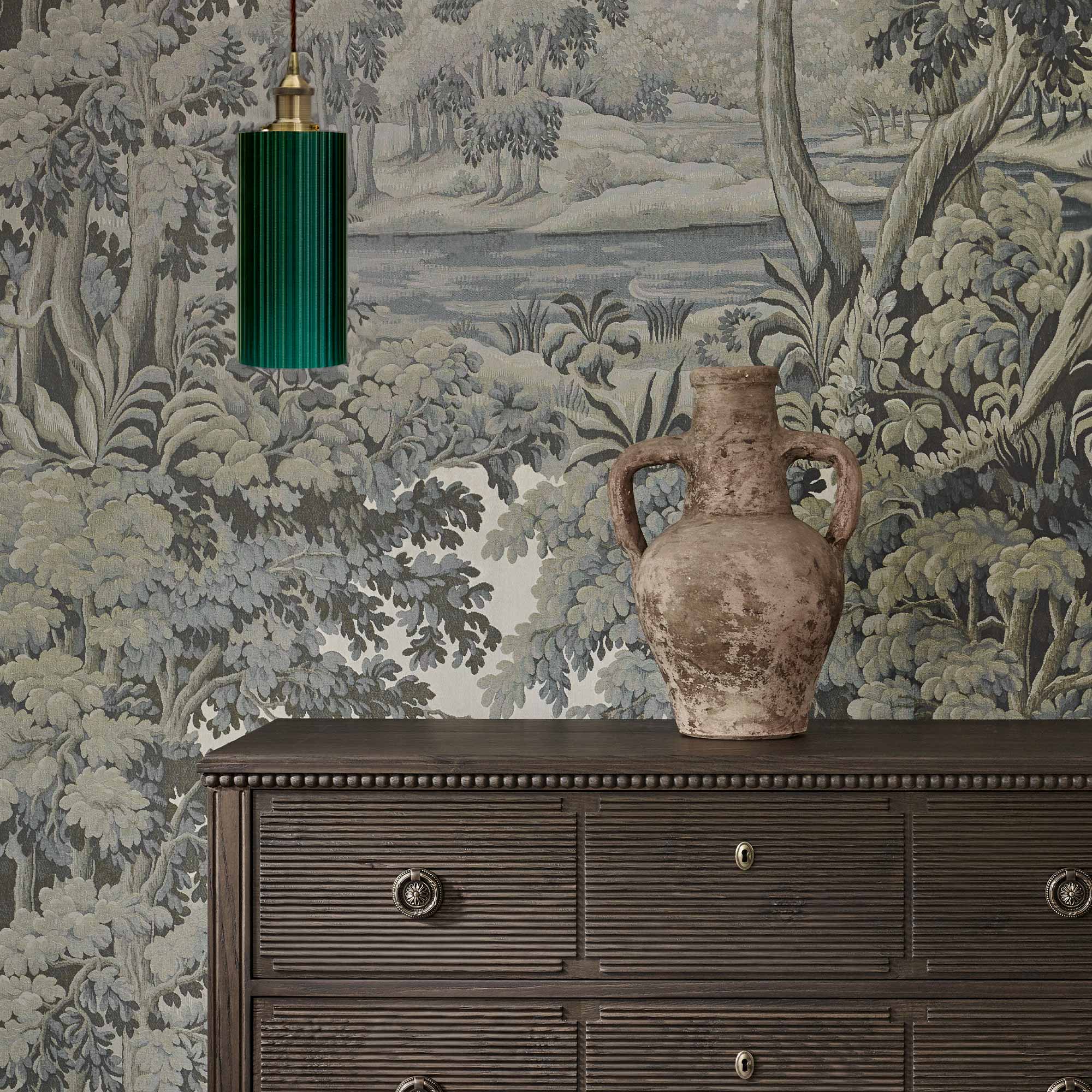 Ribbed Deep Emerald Green Pendant Light with Antiqued Brass