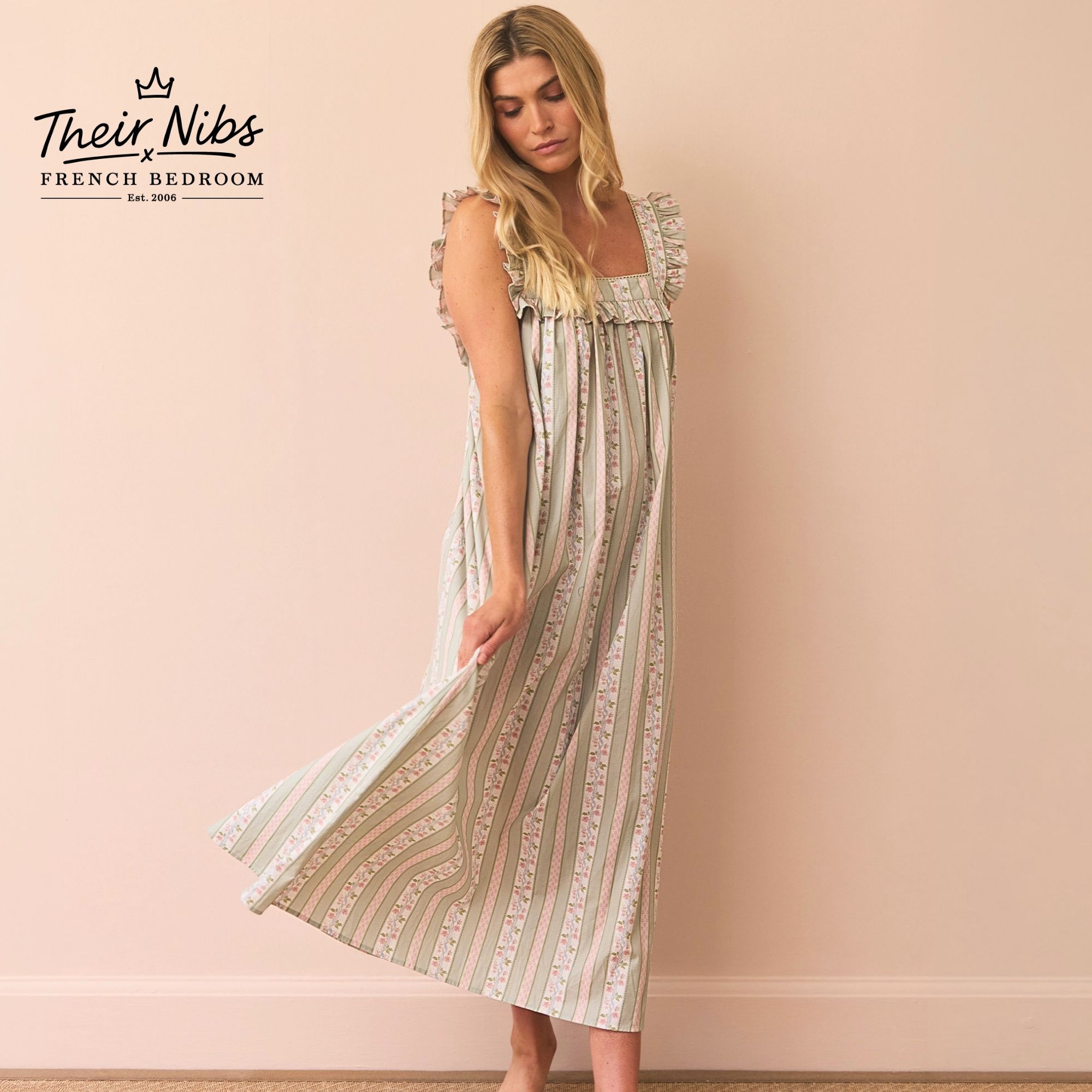 Their Nibs x French Bedroom Green & Pink Regency Rose Cotton Nightdress 