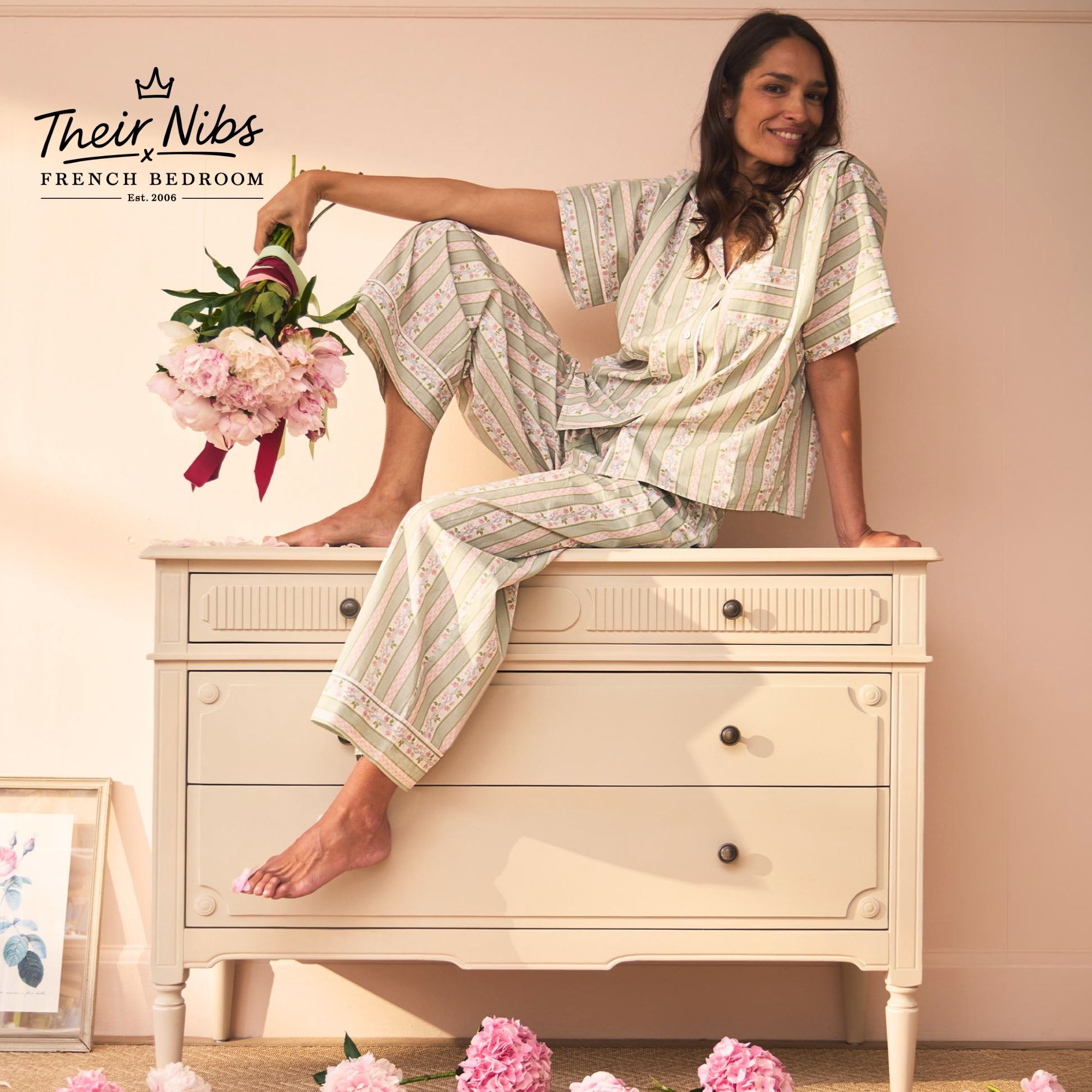 Their Nibs x French Bedroom Green & Pink Regency Rose Cotton Pyjamas 