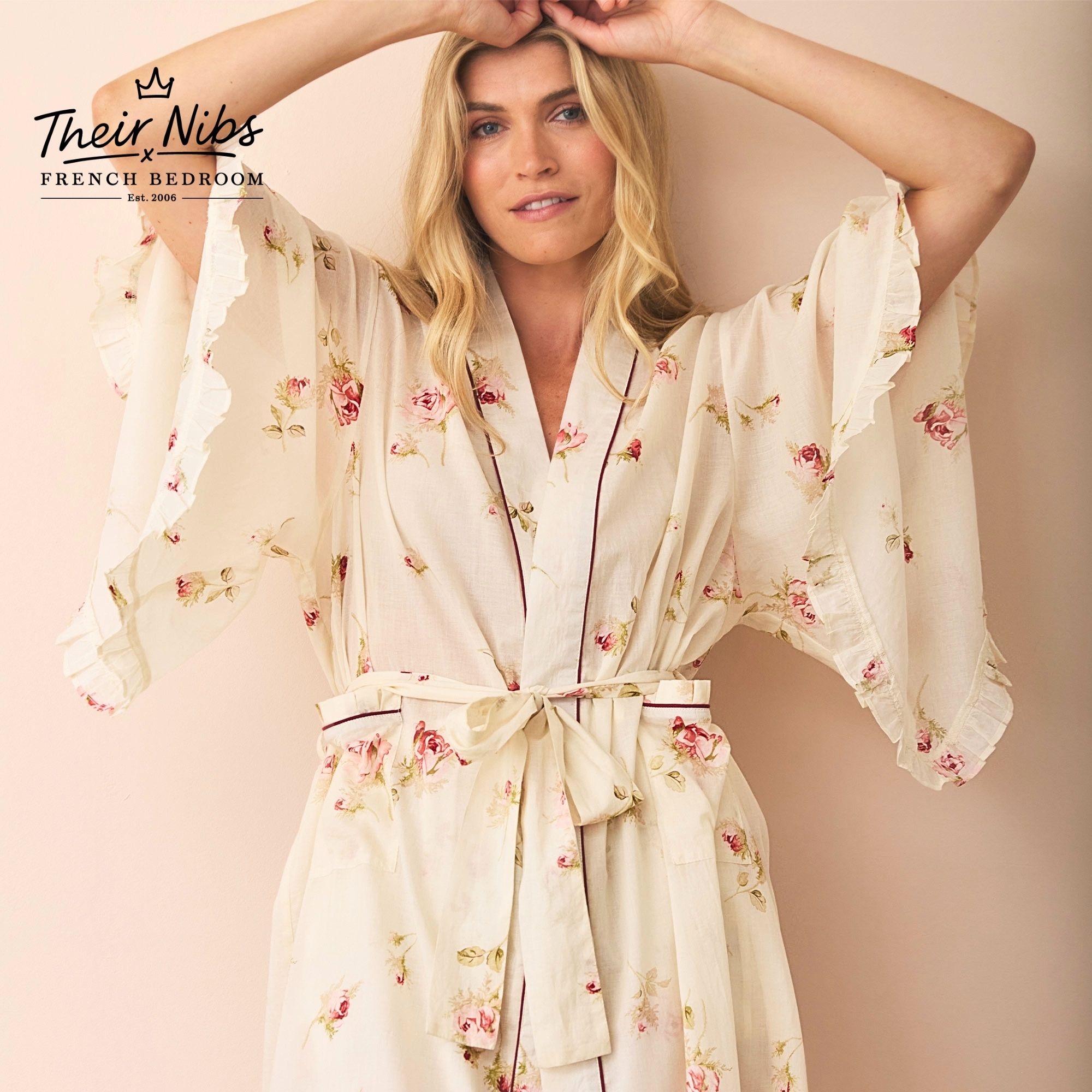 Their Nibs x French Bedroom Ivory Nostalgic Rose Cotton Voile Dressing Gown 
