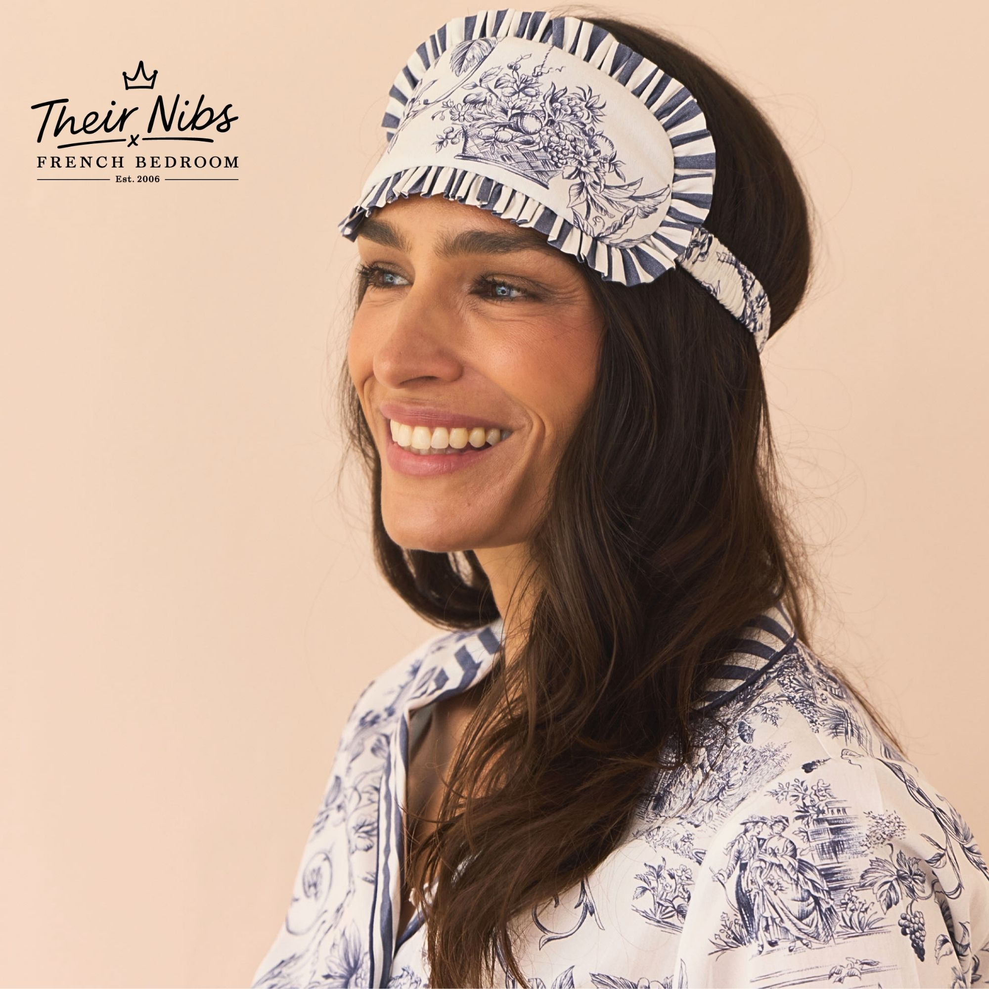 Their Nibs x French Bedroom Navy Blue Toile Cotton Frill Eye Mask