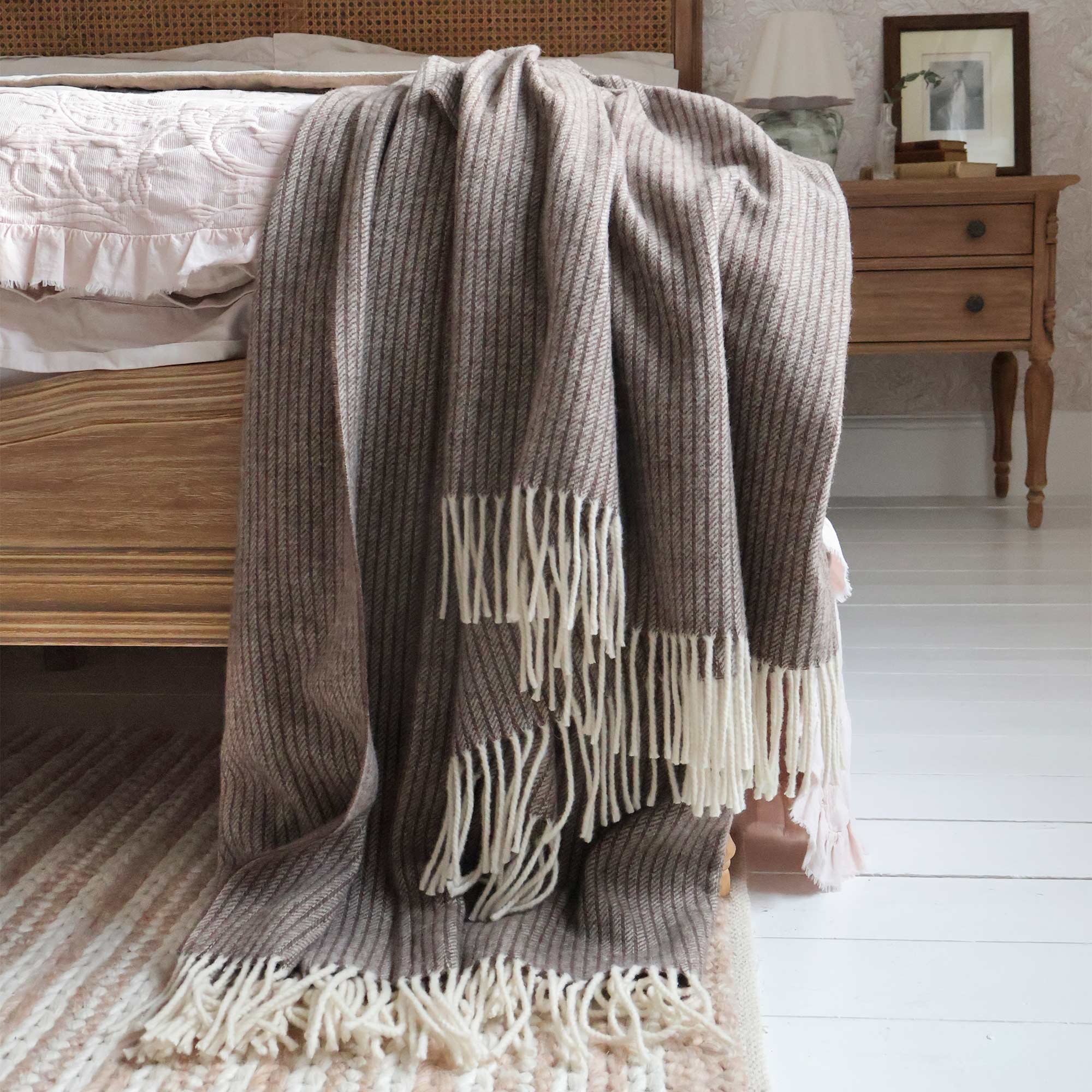Beautiful Cashmere Throw Draped Over End Of Bed In Acorn Brown 