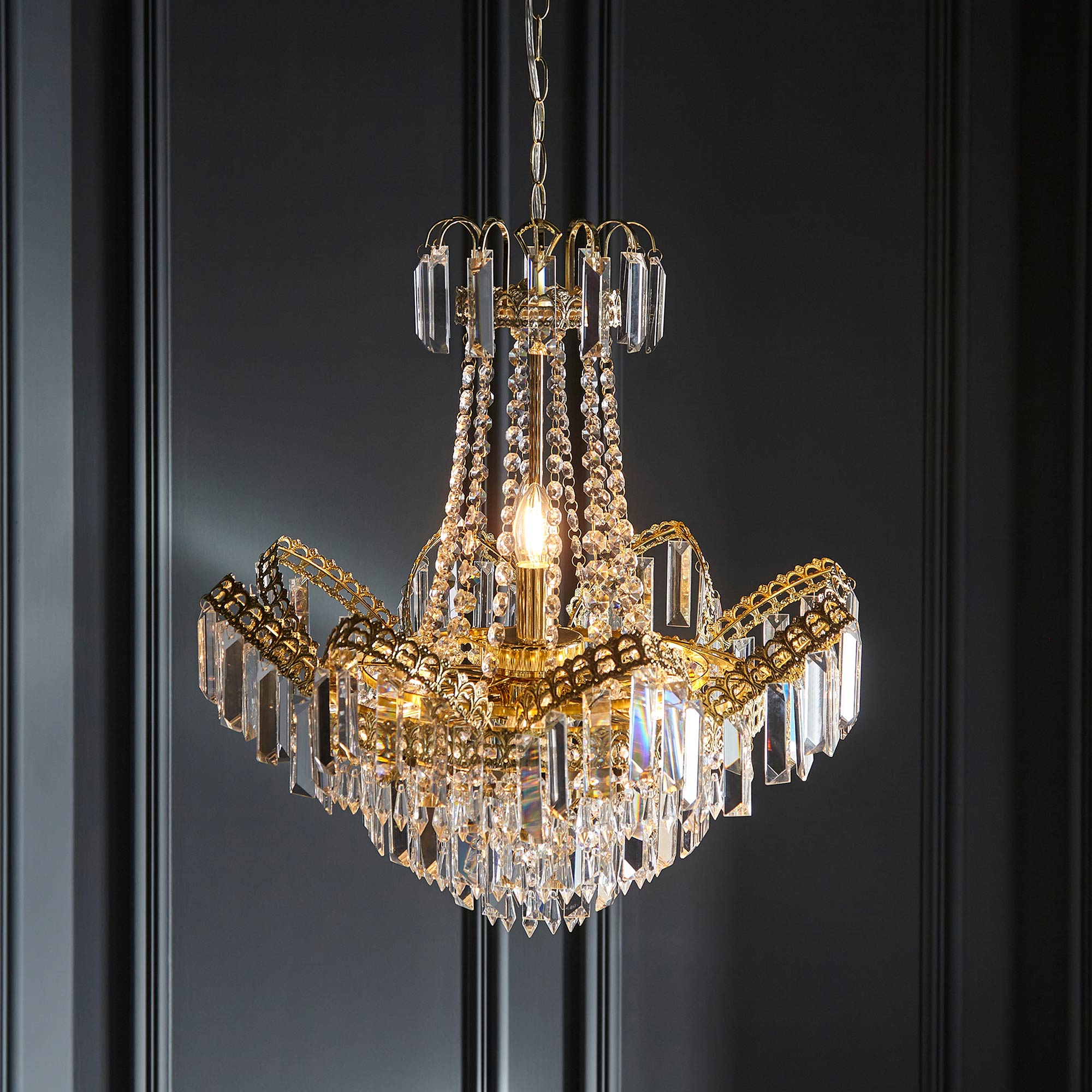 Large Glass Beaded Chandelier with 9 Bulbs and Brass Details