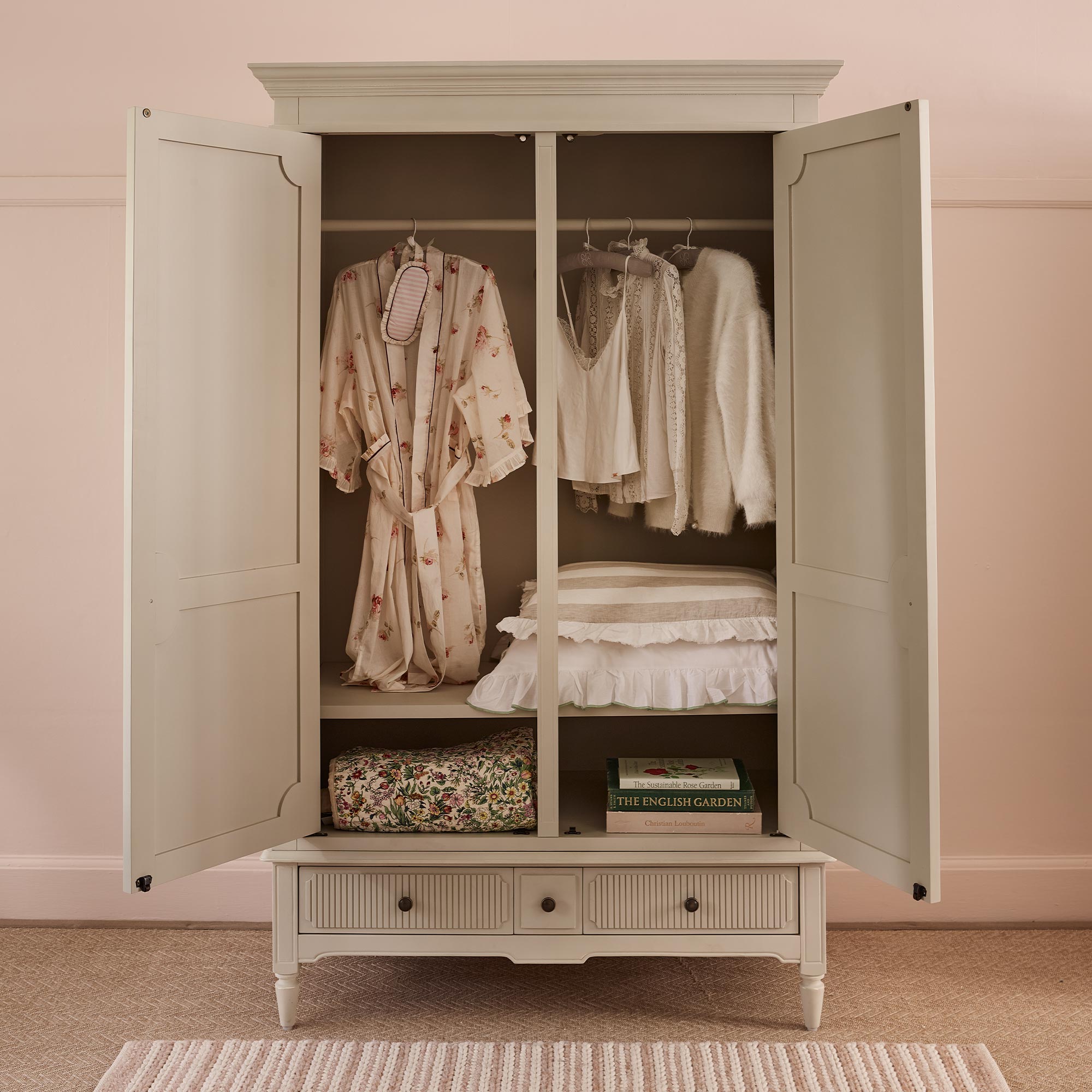 Hand-Carved Fluted Solid Wood Armoire with Drawers, Removable Shelves and Removable Rails