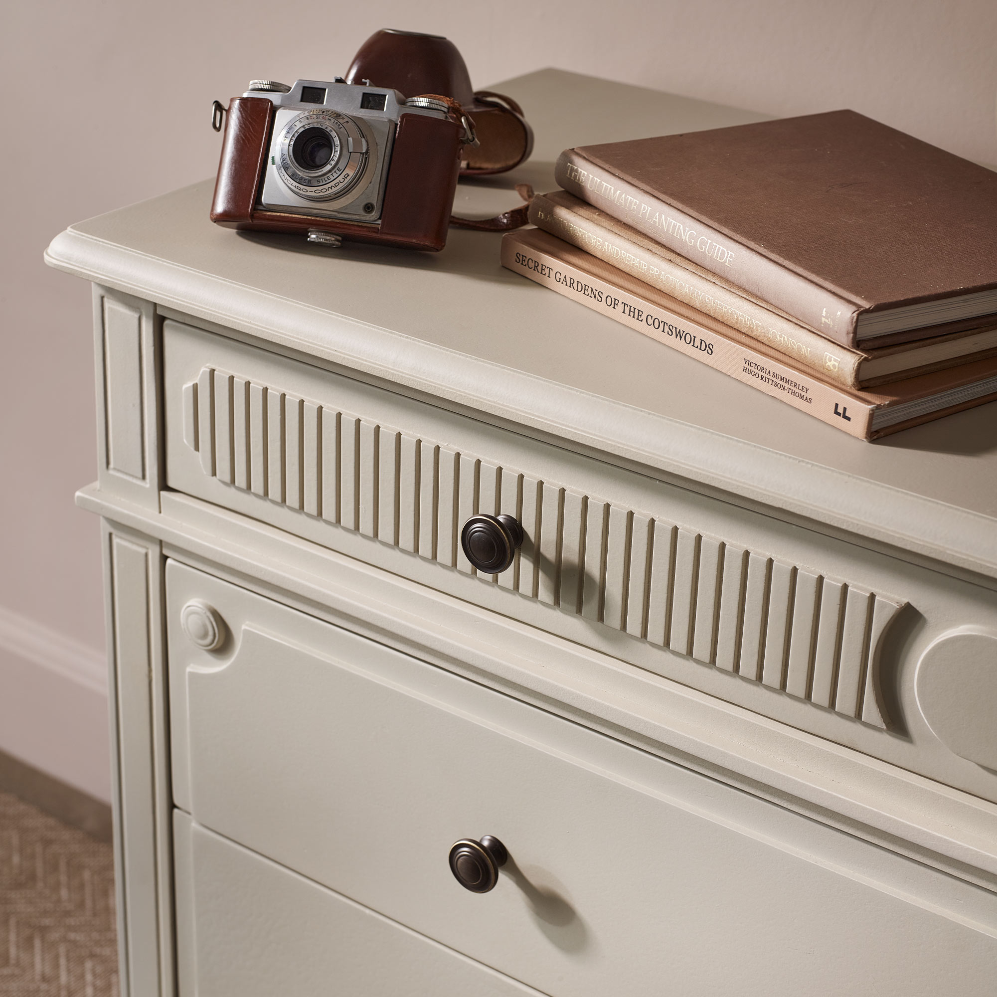 Brass Pull Handles and Linear Fluting Detail on Avenue d'Amour Chest of Drawers