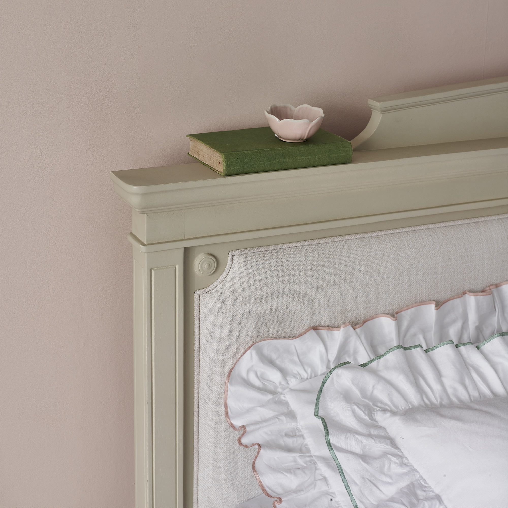 Piped Upholstered and Hand Carved Avenue d'Amour French Bed