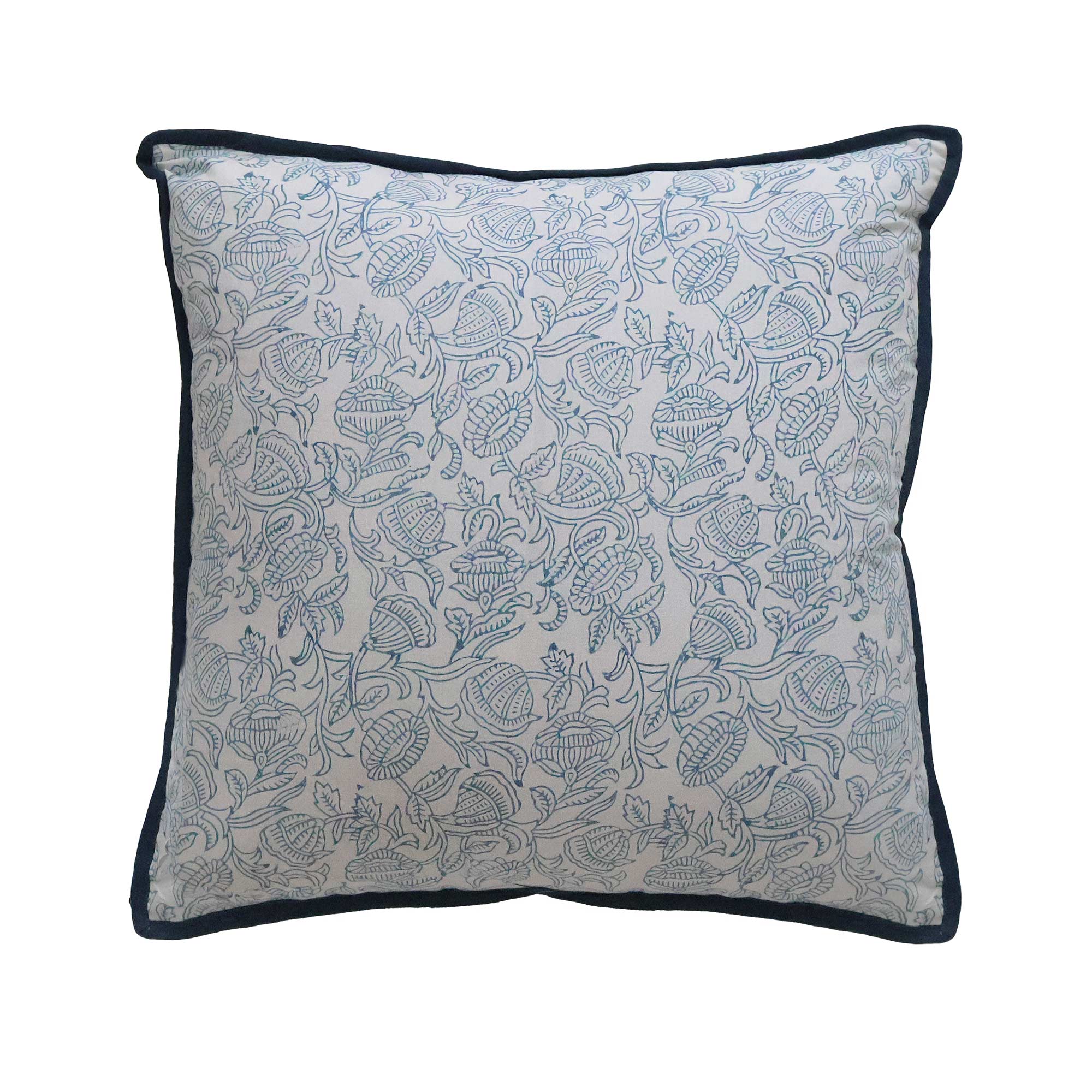 Blue and White Floral Cushion with Blue Trim