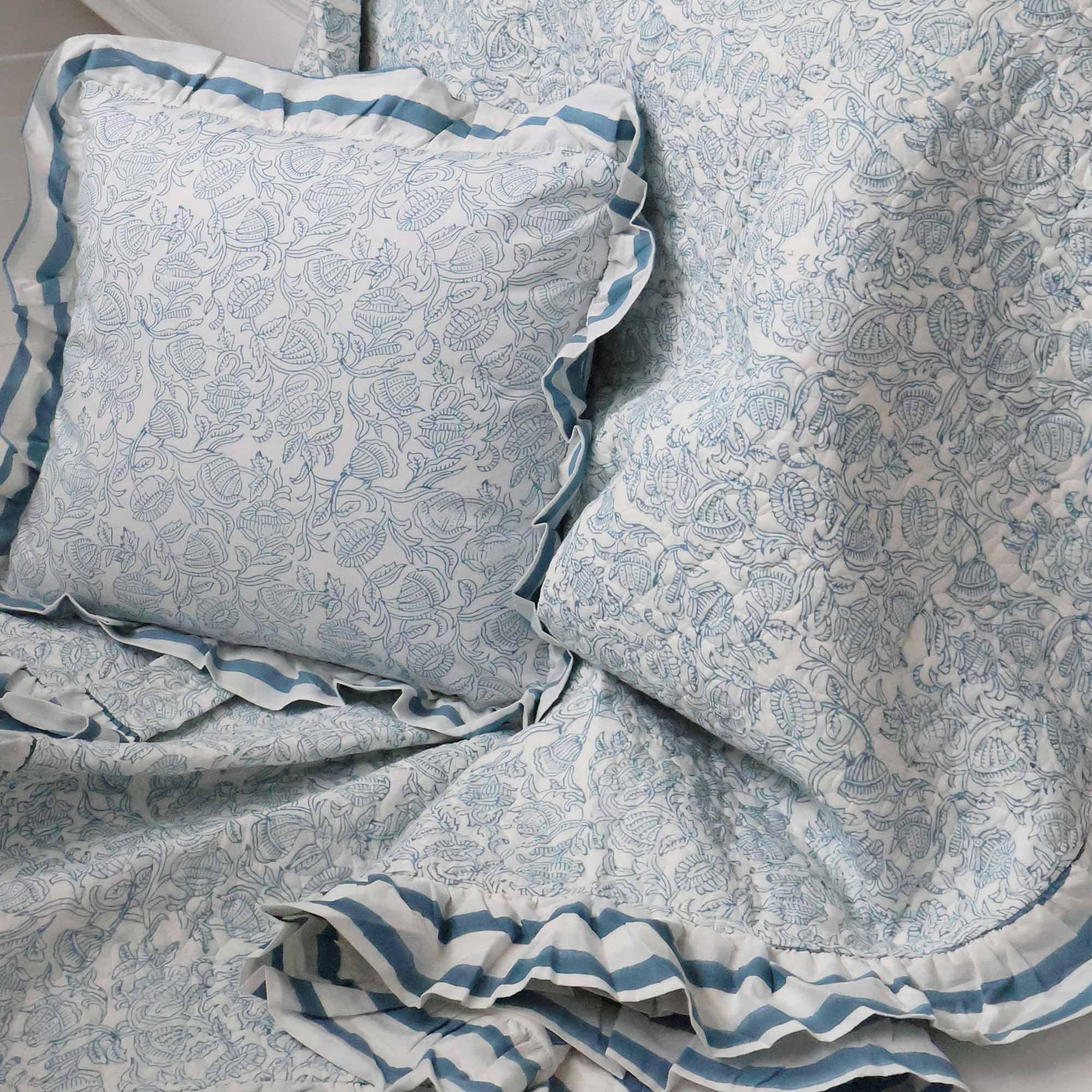 Blue and White Ruffle Stripe and Floral Reversible Bedspread 