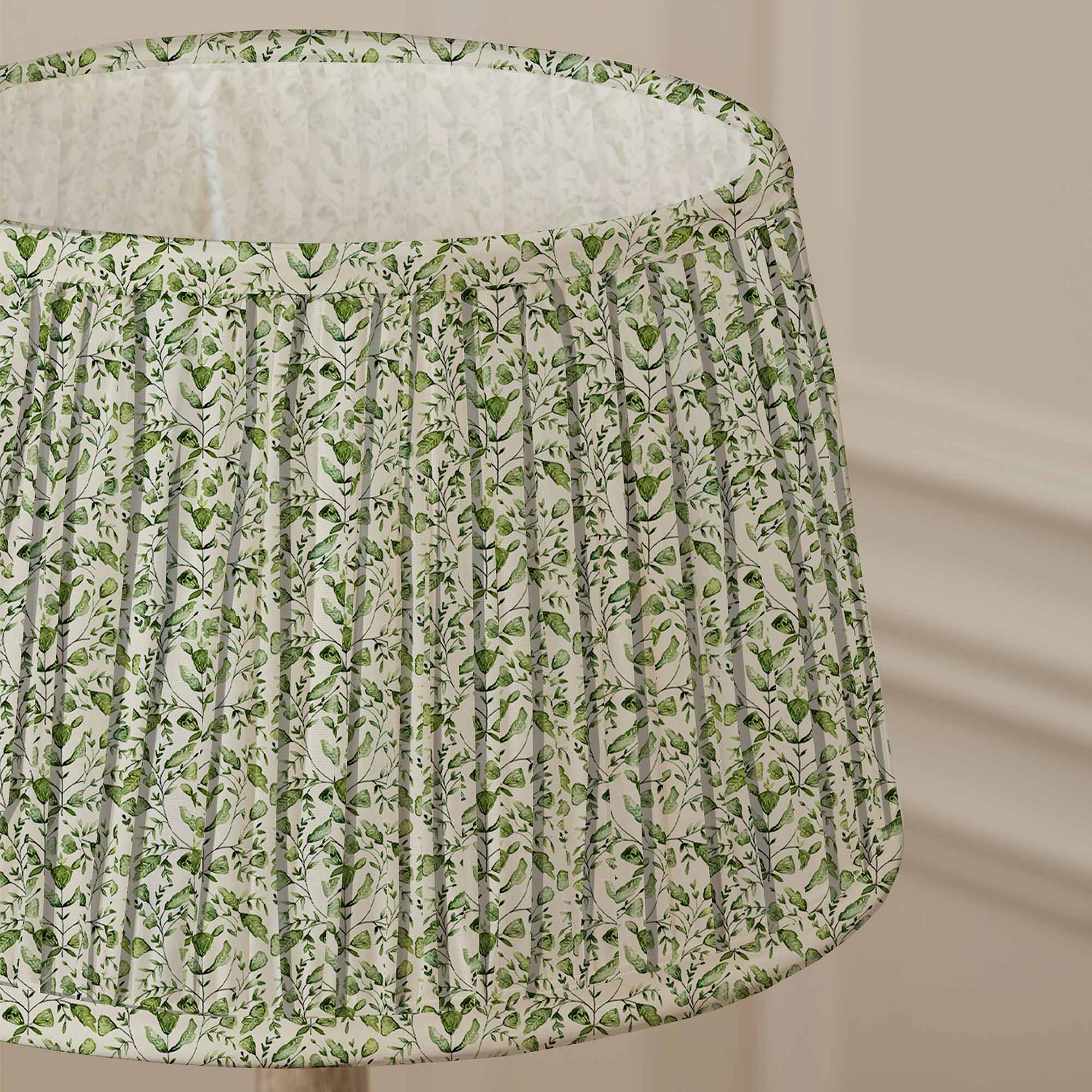 Self Piped Pleated Lampshade with a Green and White Ditsy Floral