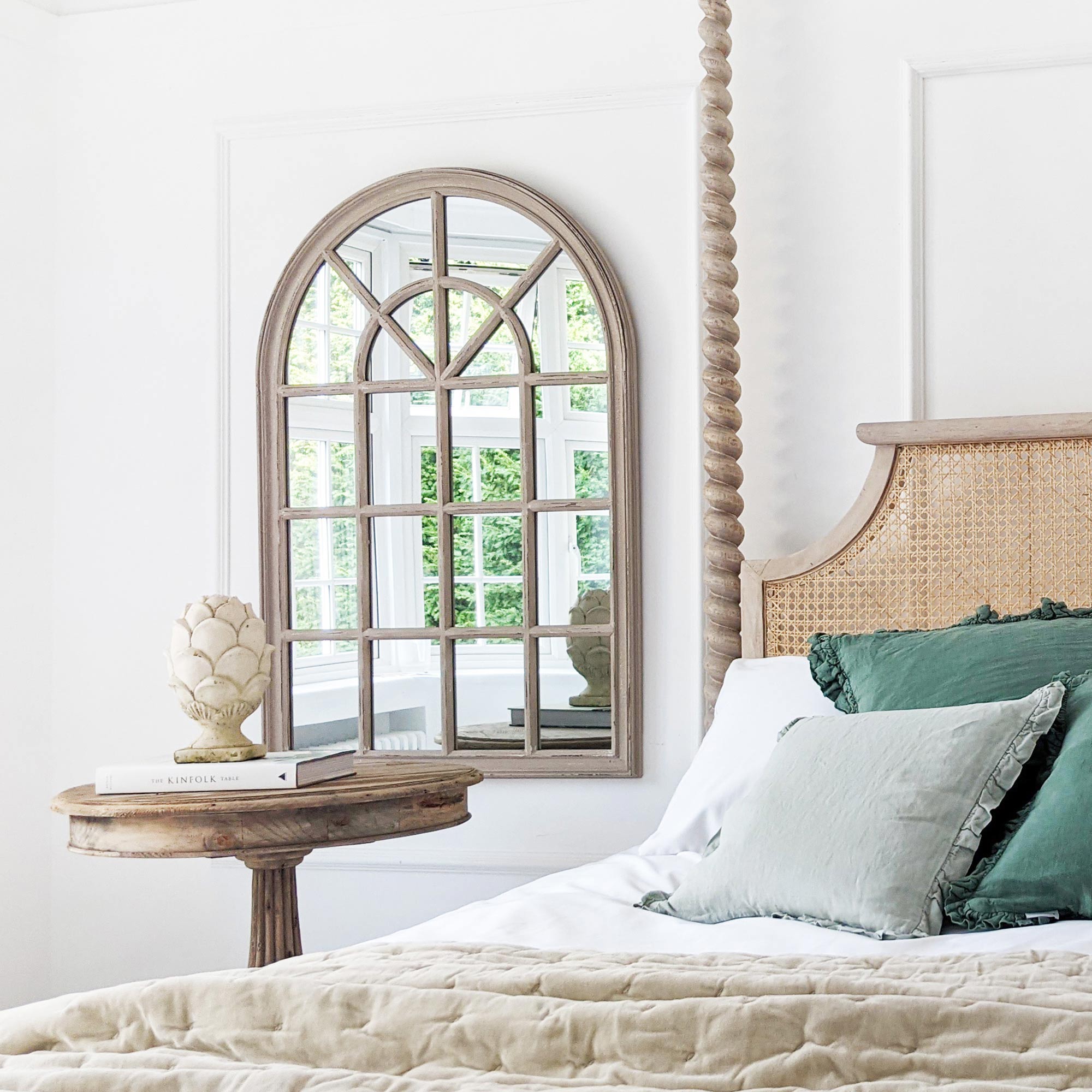 Antique Panelled Curved Georgian Style Light Oak Window Mirror  