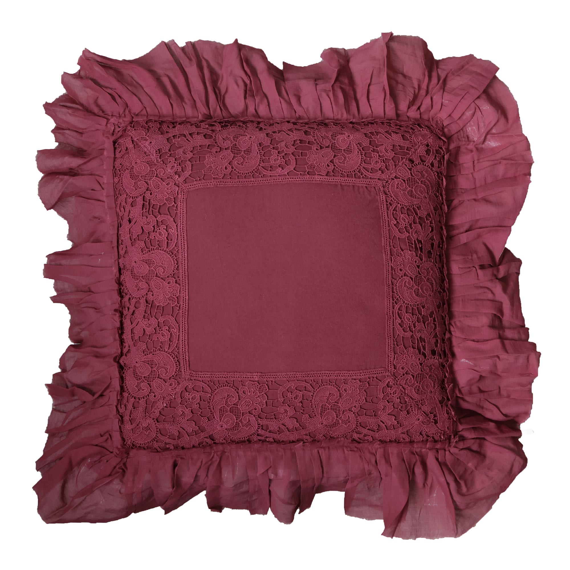 Berry Cushion With Lace Detail and Ruffle Edge