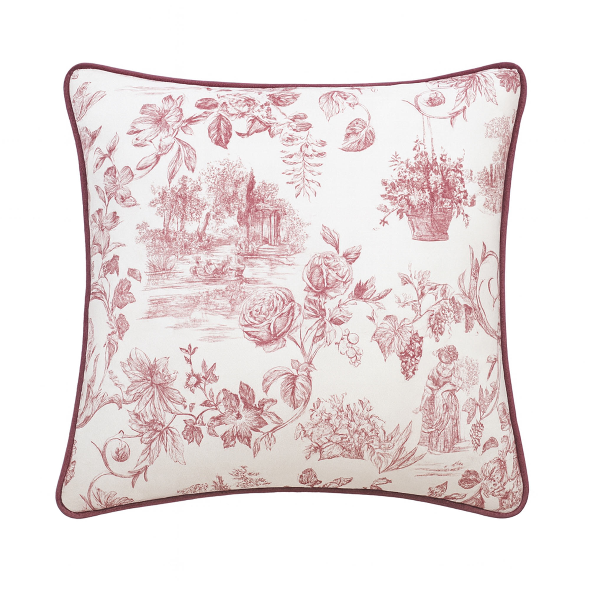 French Toile Square Cushion in Berry Red