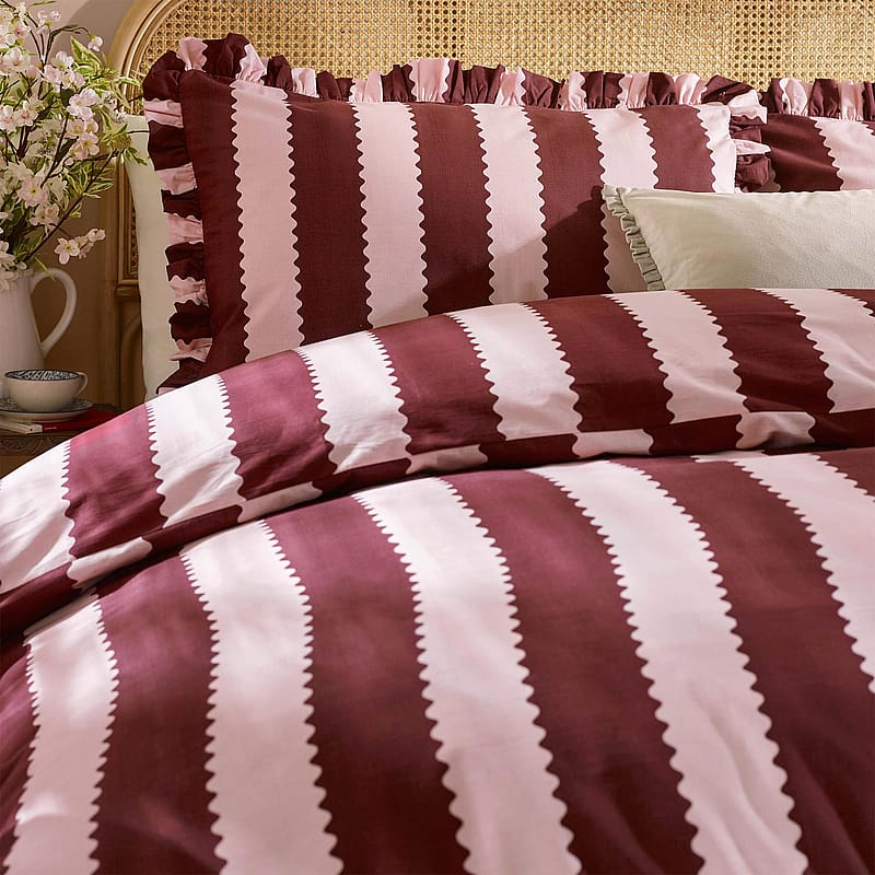 Birdie Stripe Bed Linen in Raspberry Ripple | Striped Pink and Red Bed Linen with Chunky Ruffle Trim