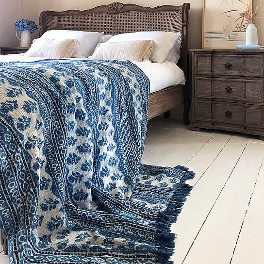 Printed Throw with a Blue Pattern on a White Background Printed Throw with a Blue Pattern on a White Background