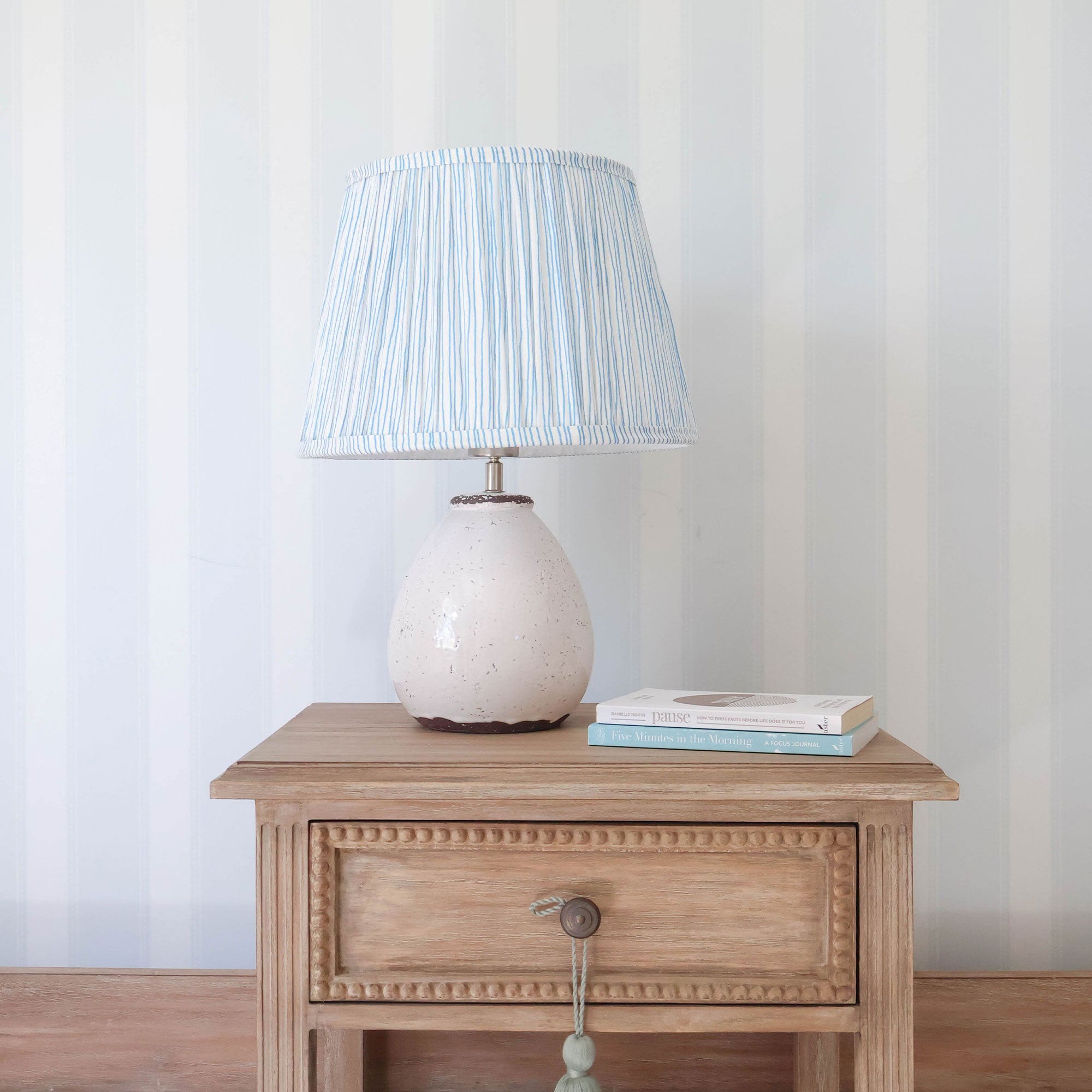Blue Stripey Cotton Lampshade With Pleating