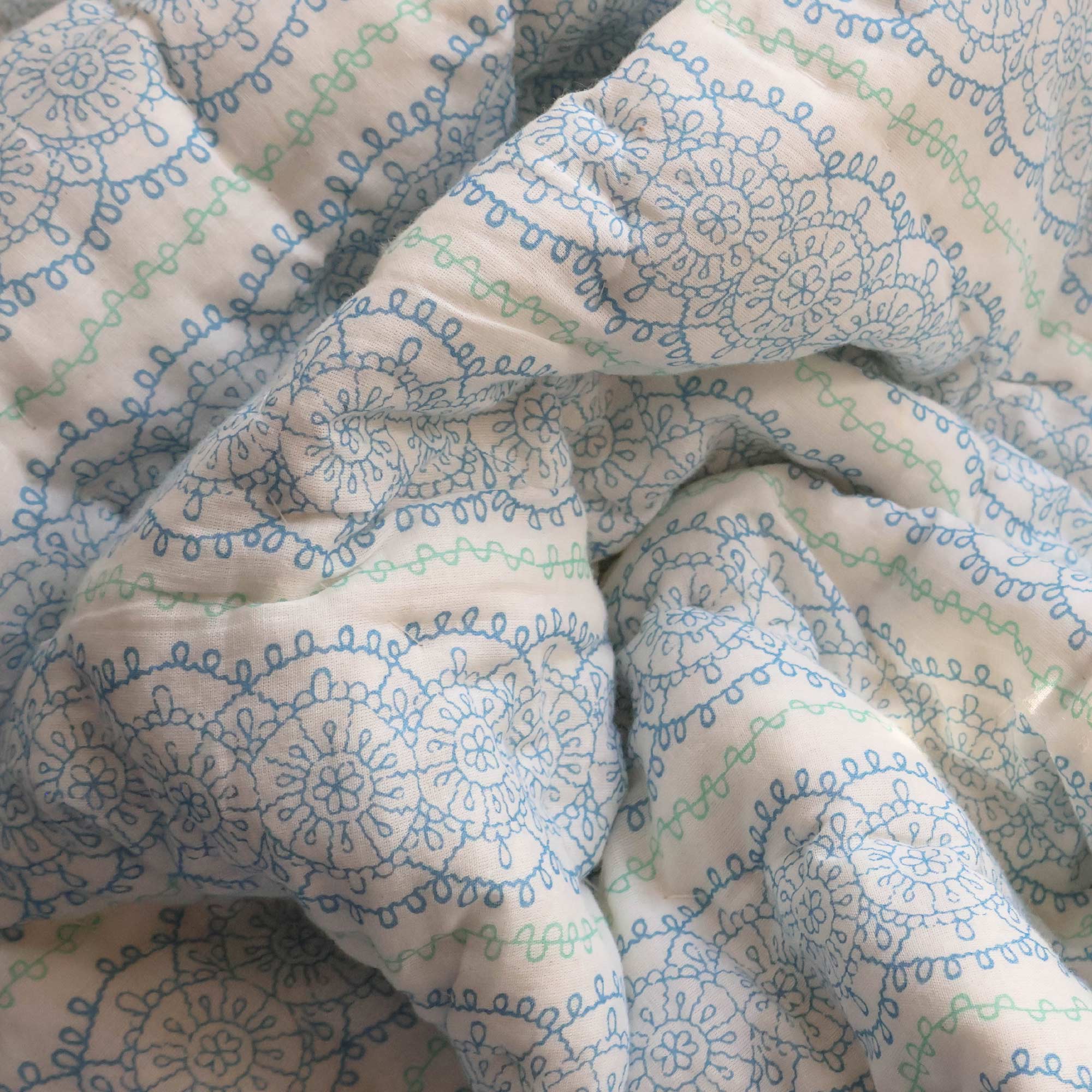 Cotton Bedspread With Intricate Rows Of Lace-Like Floral Motifs In Soft Cornflower Blue And Pale Sage Green.