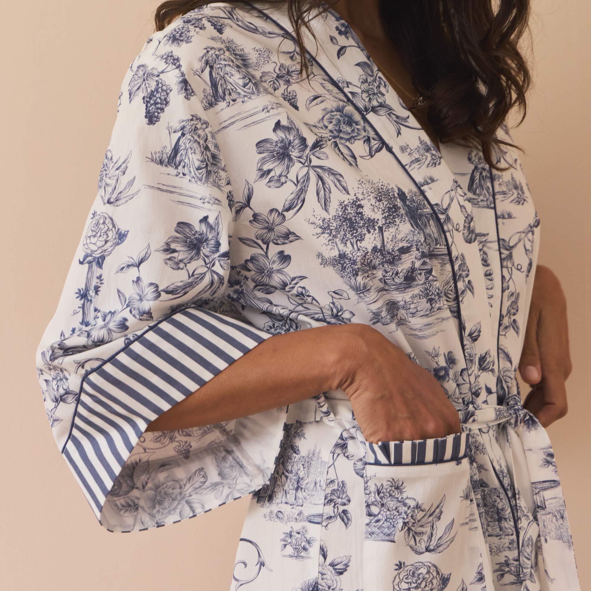 Their Nibs x French Bedroom Navy Blue Toile Cotton Wrap Dressing Gown