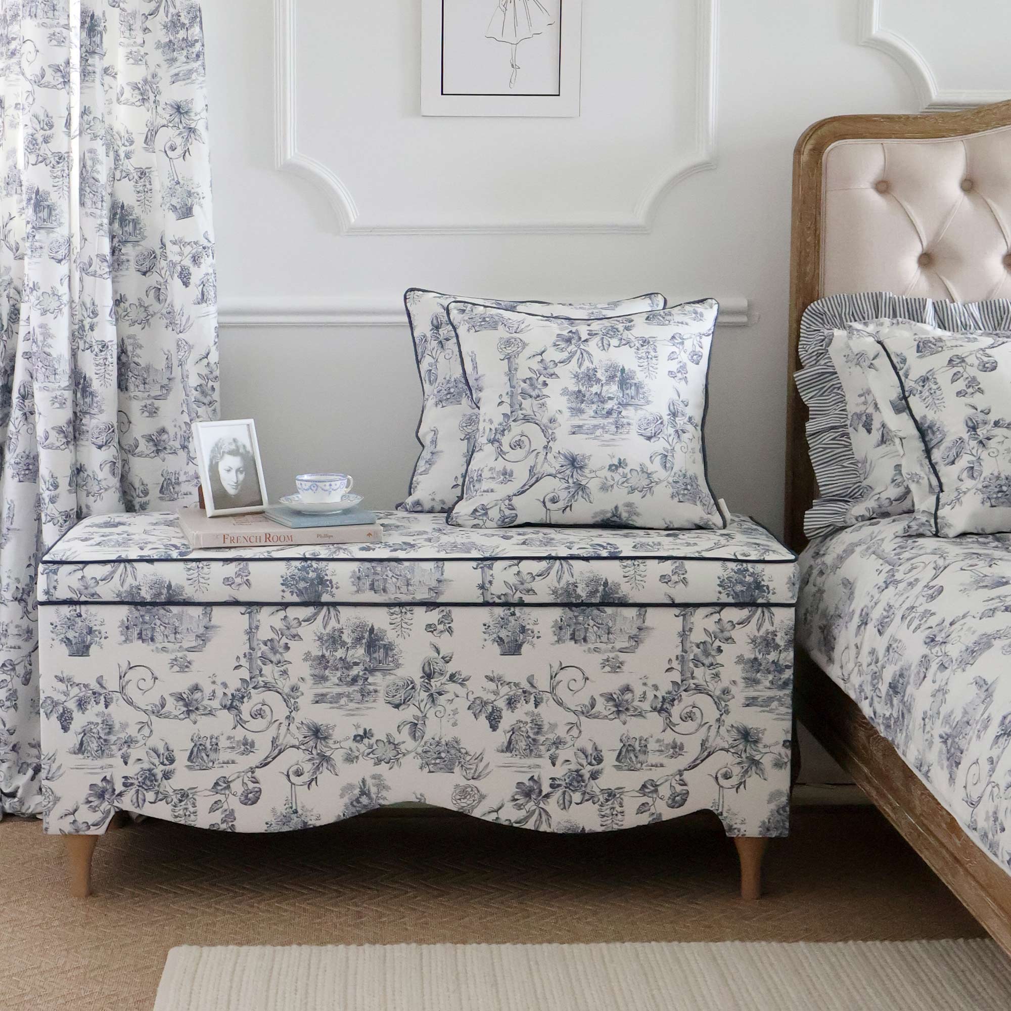 French Toile Blue Storage Ottoman
