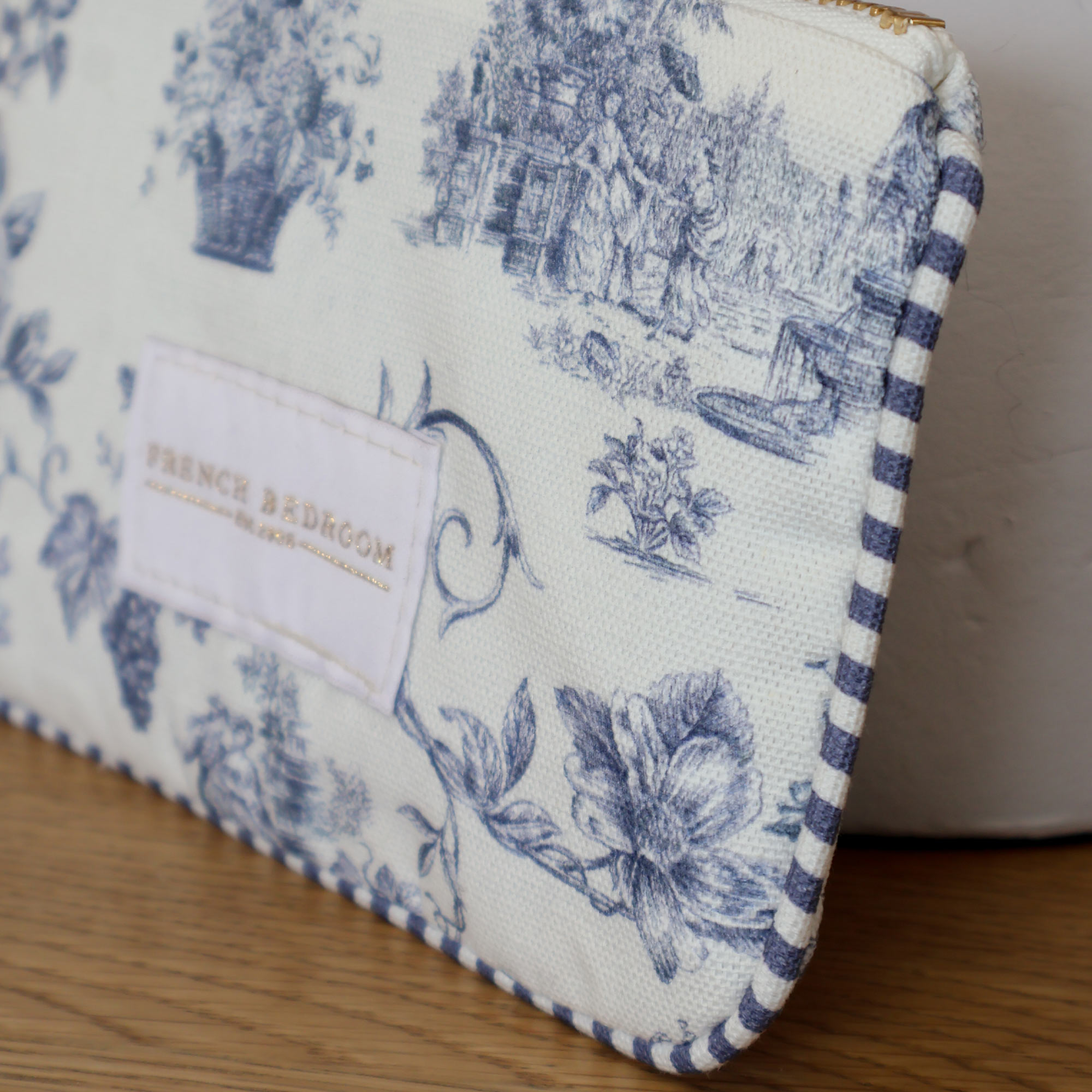 Toile Make Up Clutch with Blue and White Striped Piping