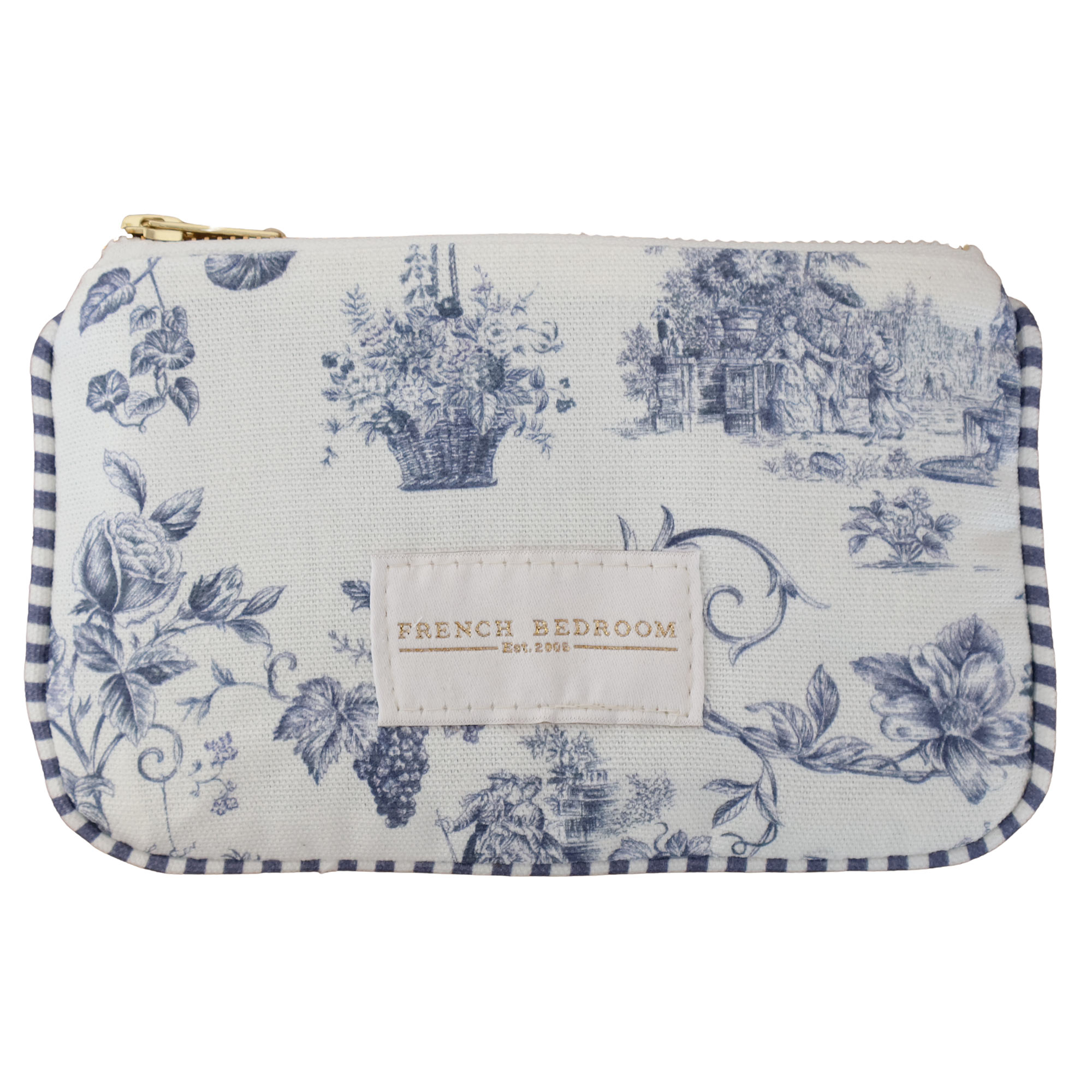 Cut Out of Toile Make Up Bag in Blue and White with Striped Piping